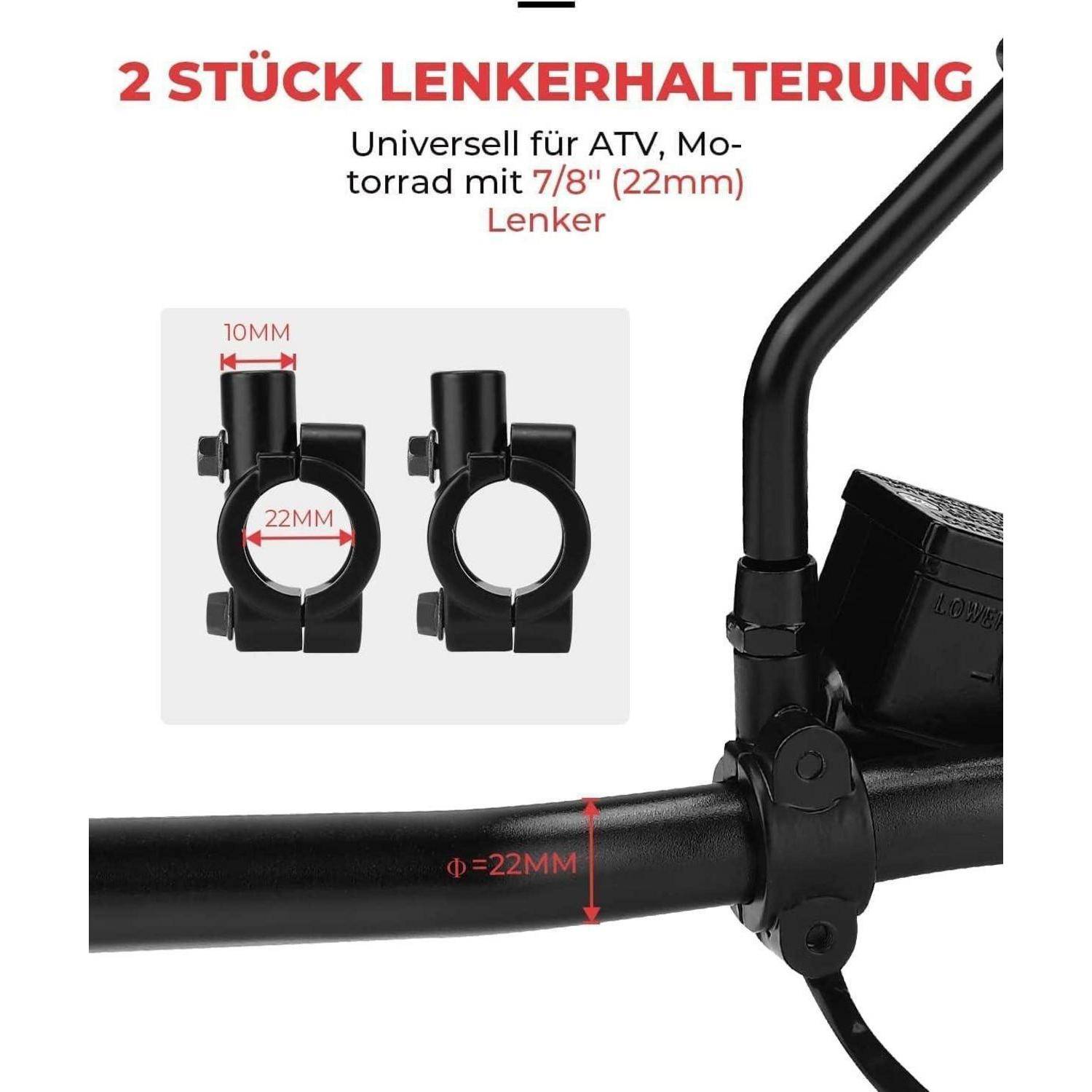 Produktbild von 2 Lenkerklemmern für ATV/Motorräder, universell für 7/8 Zoll (22 mm) Lenker, zeigt Klemmabmessungen und montiertes Beispiel.