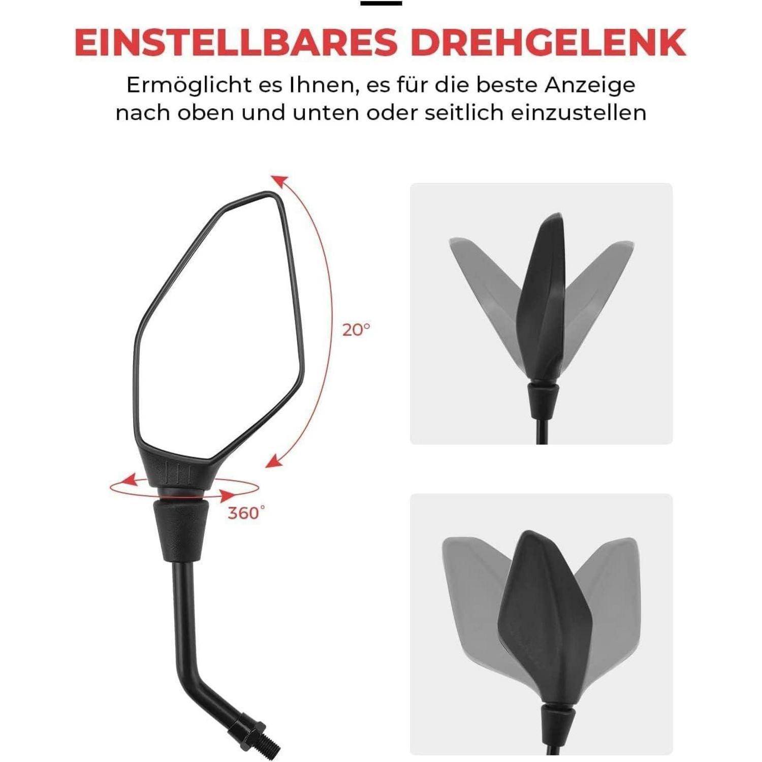 Verstellbarer Rückspiegel mit 20° Neigung und 360° Rotation zum Betrachten nach oben, unten oder zur Seite; in verschiedenen Positionen dargestellt.