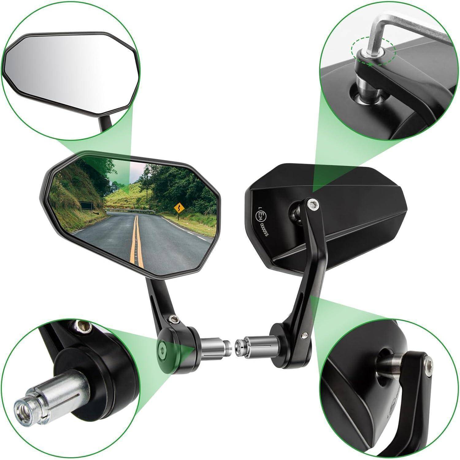 Motorrad-Seitenspiegel mit verstellbarer Doppelarm-Halterung, gezeigt mit eingefügten Nahaufnahmen des Spiegels, der Gelenkpunkte und der Befestigungshardware.