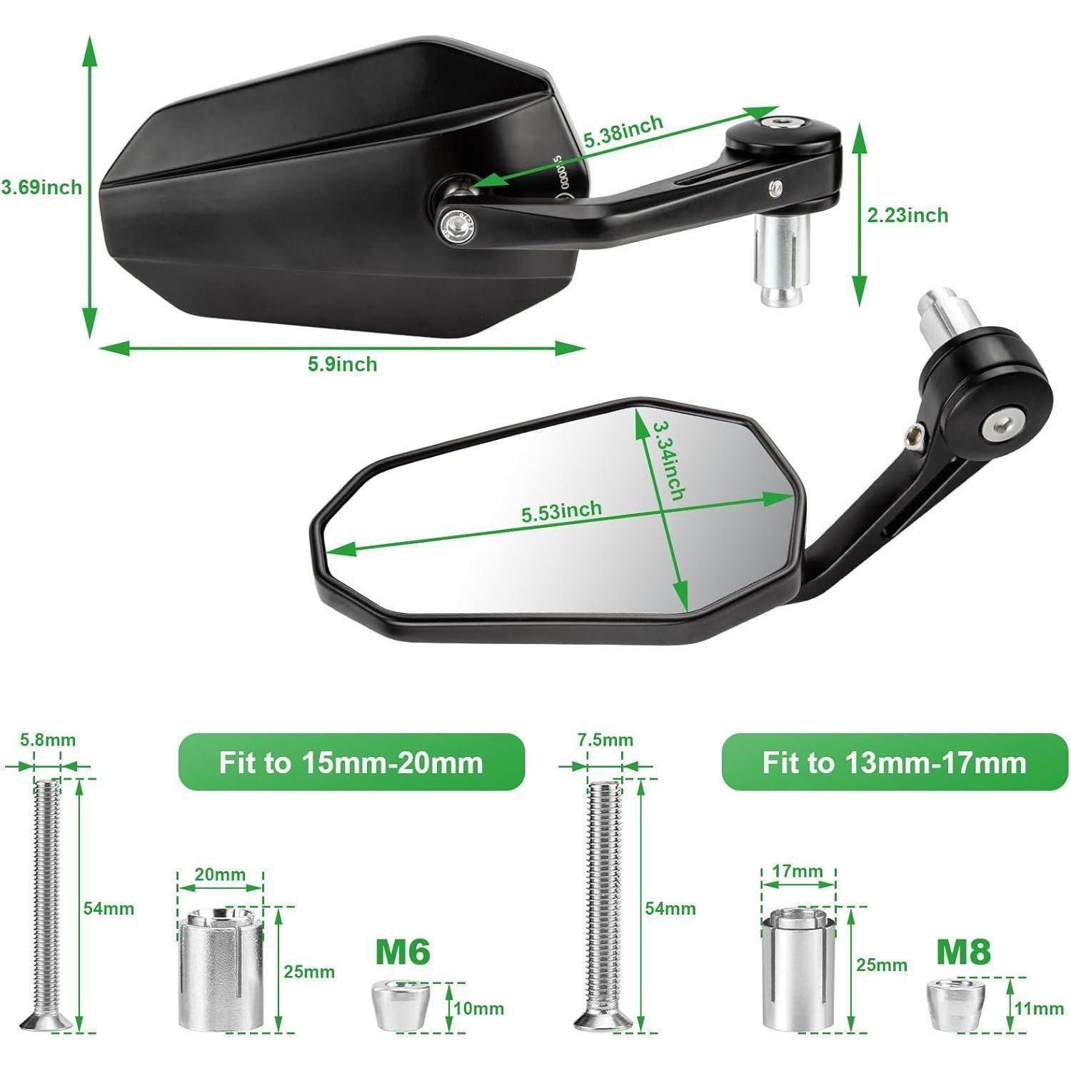 Produktdiagramm eines Motorradspiegels mit Abmessungen und Passungsspezifikationen: Spiegelgröße und Armlängen sowie M6- und M8-Adapter für 13-20 mm Lenkerstangenpassung.