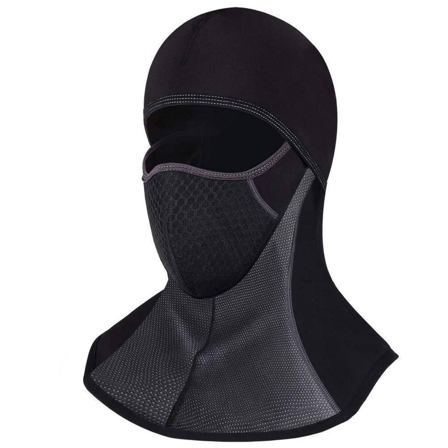 Schwarze Wärmebalaclava mit vollständiger Kopf- und Nackenbedeckung, Mesh-Gesichtsöffnung und reflektierenden Besatzdetails.