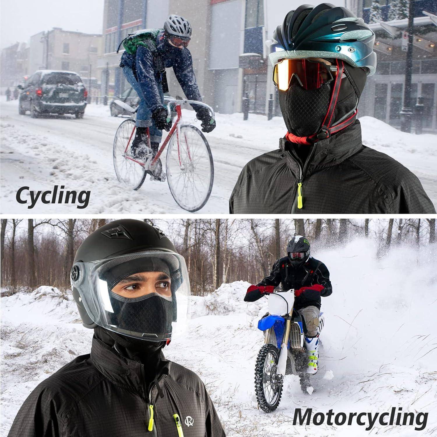 Geteiltes Bild, das Winterradfahren und Motocross/Motorradfahren zeigt, mit Fahrern, die Integralhelme und Kälteschutzbekleidung in verschneiten Bedingungen tragen.