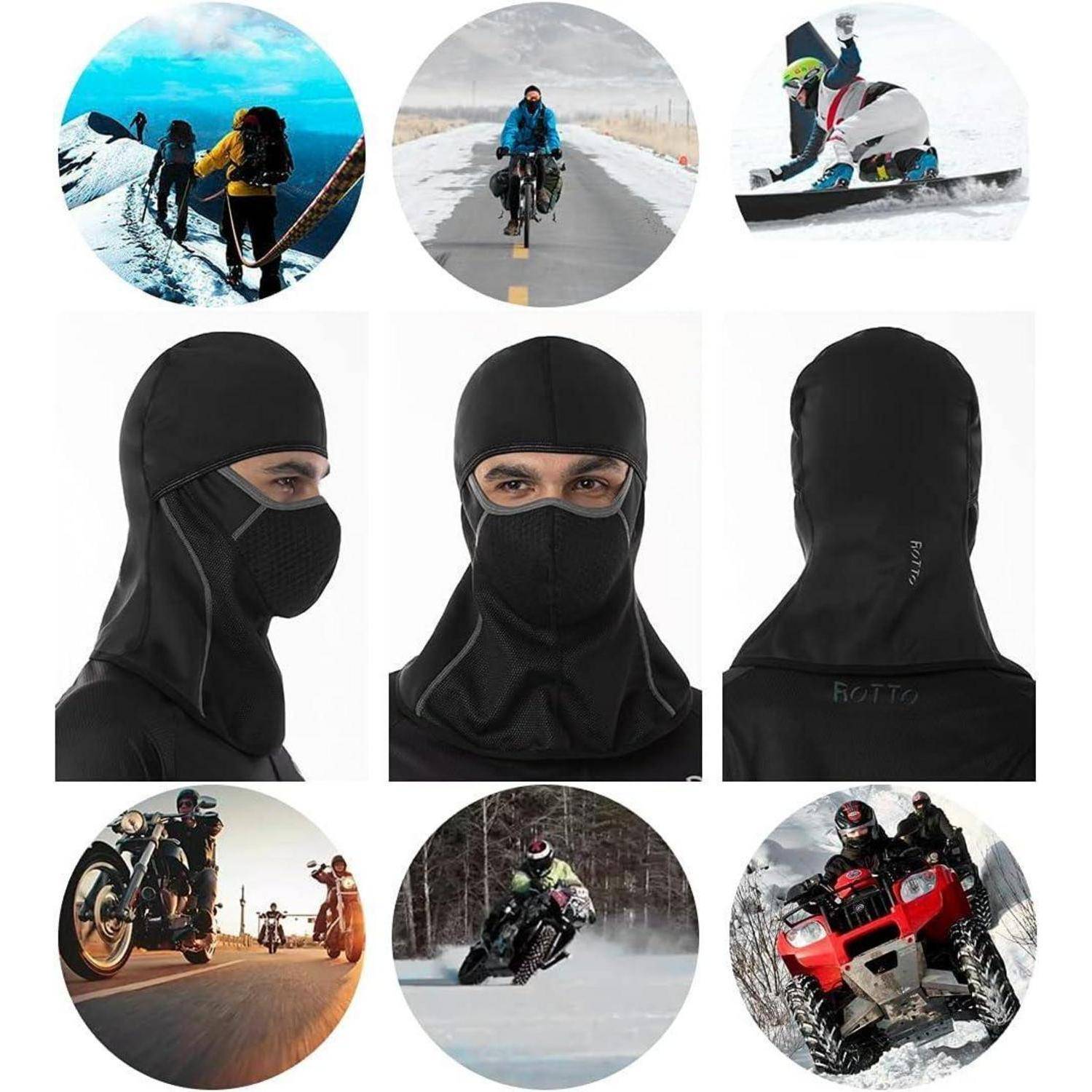 Schwarze Sturmhaube für den Winter in Vollgesichtsausführung, gezeigt von der Seite, von vorne und von hinten, mit eingefügten Fotos von Personen, die sie zum Radfahren, Skifahren, Motorradfahren und Schneefahren verwenden.