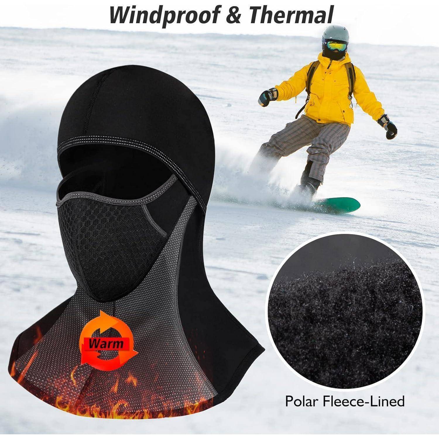 Anzeige für einen windfesten, thermischen Sturmhaube mit Polarfleece-Futter, gezeigt an einem Snowboarder im Schnee und eine Nahaufnahme des Stoffes.