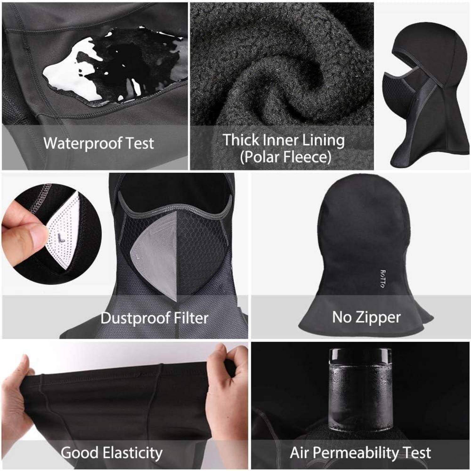 Collage einer schwarzen Winter-Gesichtsmaske Balaclava mit wasserdichtem Stoff, dicker Polarfleece-Fütterung, staubdichtem Filter, ohne Reißverschluss, guter Elastizität und Luftdurchlässigkeitsprüfung.