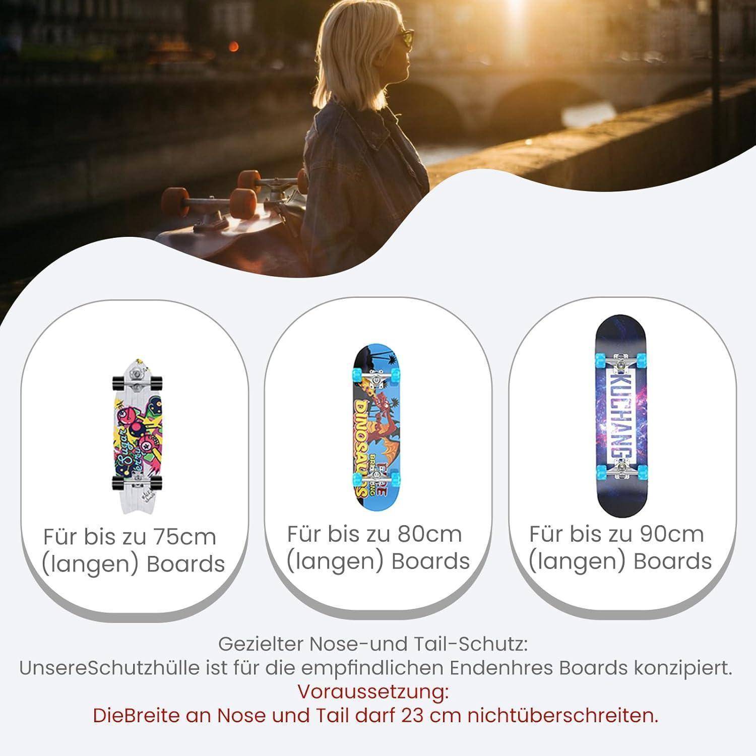 Werbegrafik, die eine Schutztasche für Skateboards für Longboards zeigt, mit drei Größenoptionen: bis zu 75 cm, 80 cm und 90 cm lange Boards; eine Notiz besagt, dass die Breite von Nose und Tail 23 cm nicht überschreiten darf.