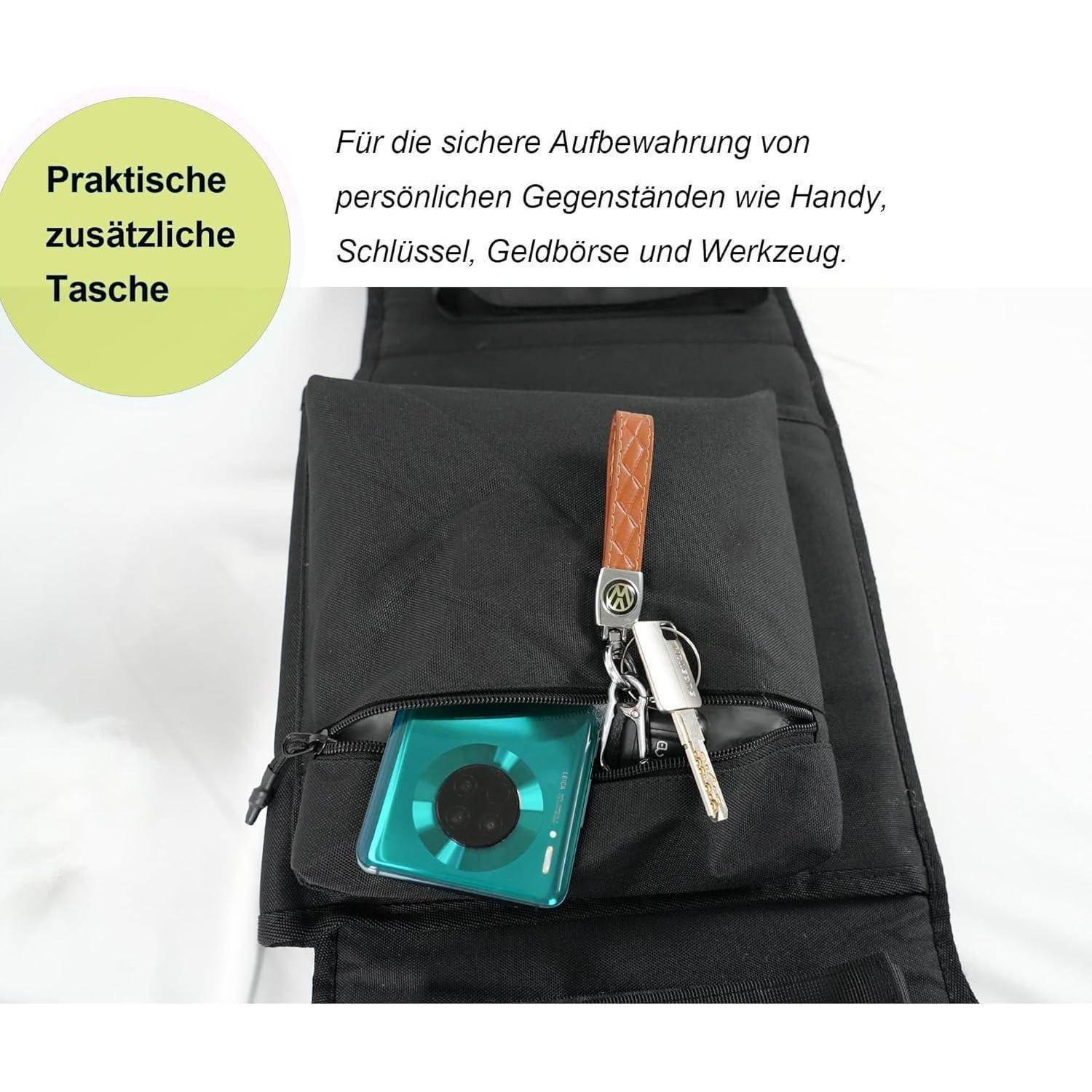 Schwarze Tasche mit praktischer Zusatztasche für Schlüssel und ein kleines Gerät; deutscher Text sagt, dass sie persönliche Gegenstände sicher aufbewahrt.