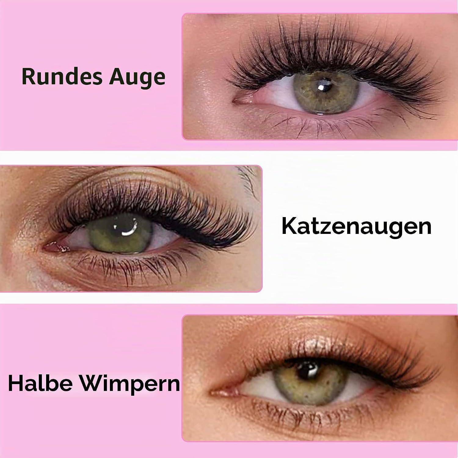 Vergleichstabelle mit drei Wimpernstilen auf Augen: „Rundes Auge