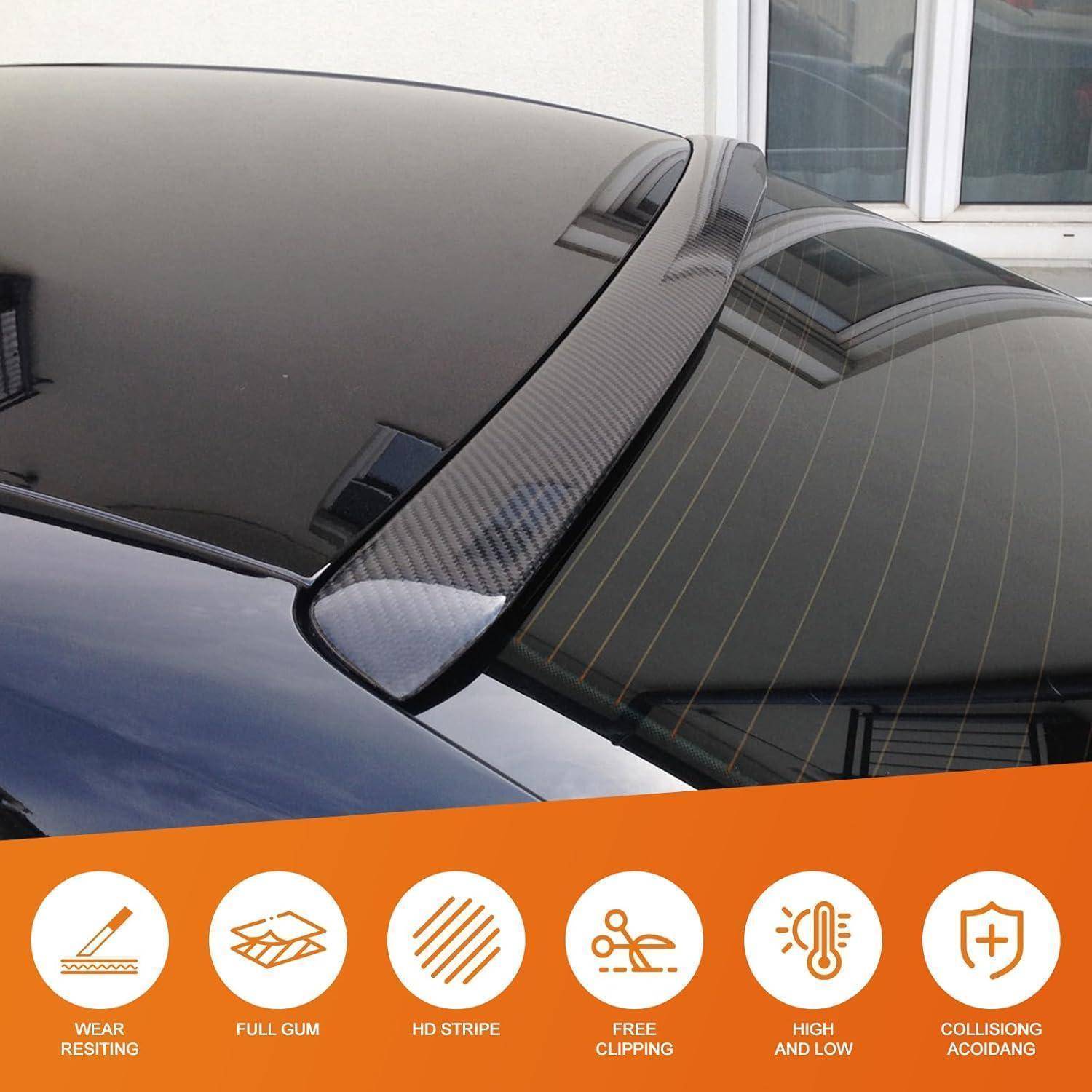 Nahaufnahme einer Autofrontscheibe und Heckscheibe mit einem Carbon-Fiber-Stil-Streifen, der sechs Funktionssymbole zeigt: Verschleißbeständigkeit, Vollverglasung, HD-Streifen, Wasserableitung, Wärmeisolierung und Kollisionsschutz.