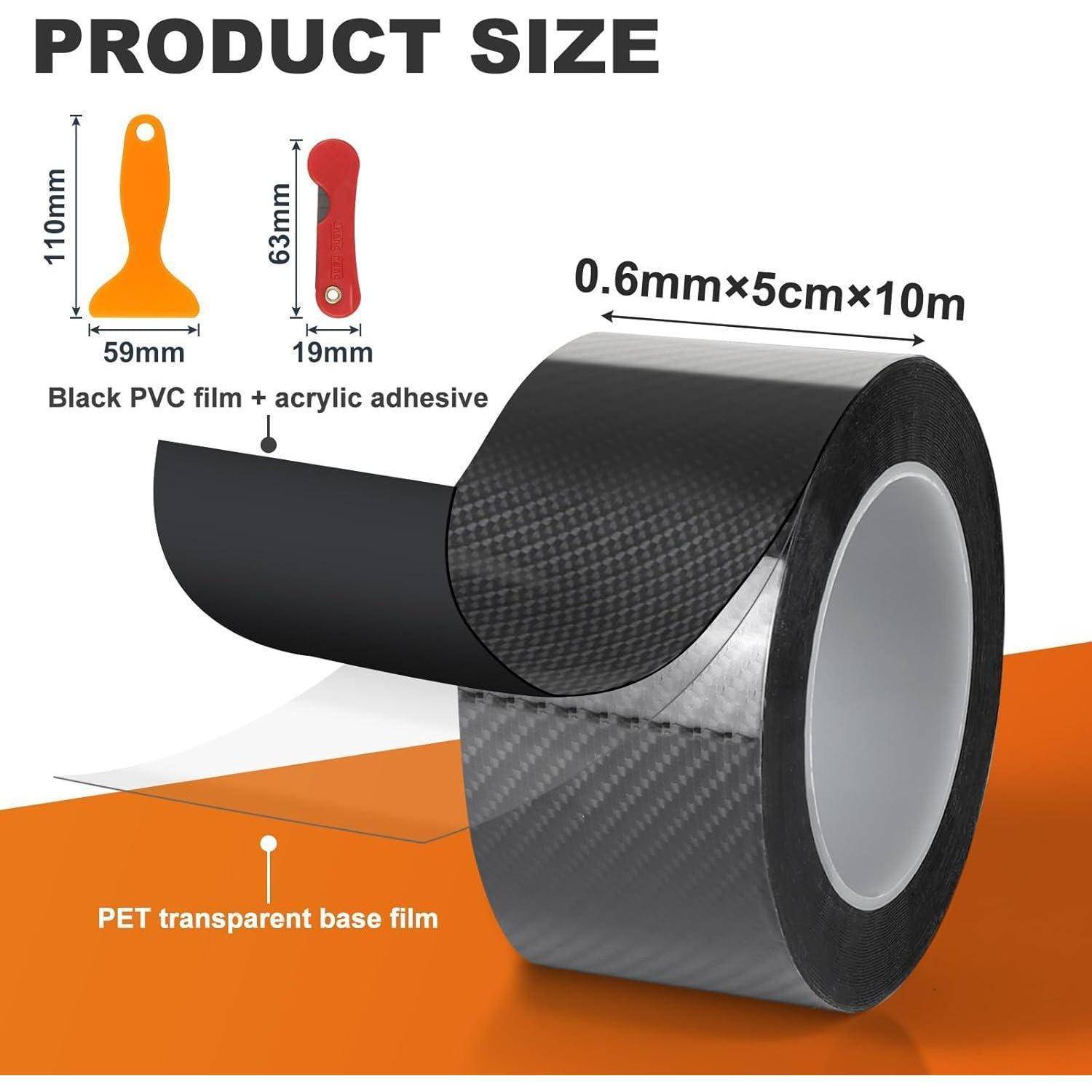 Produktgrößen-Infografik für schwarze Kohlefaser-Klebstoff-Filmrolle, gekennzeichnet mit 0,6mm x 5cm x 10m, mit Werkzeugabmessungen von 110mm und 63mm sowie Breiten von 59mm und 19mm.