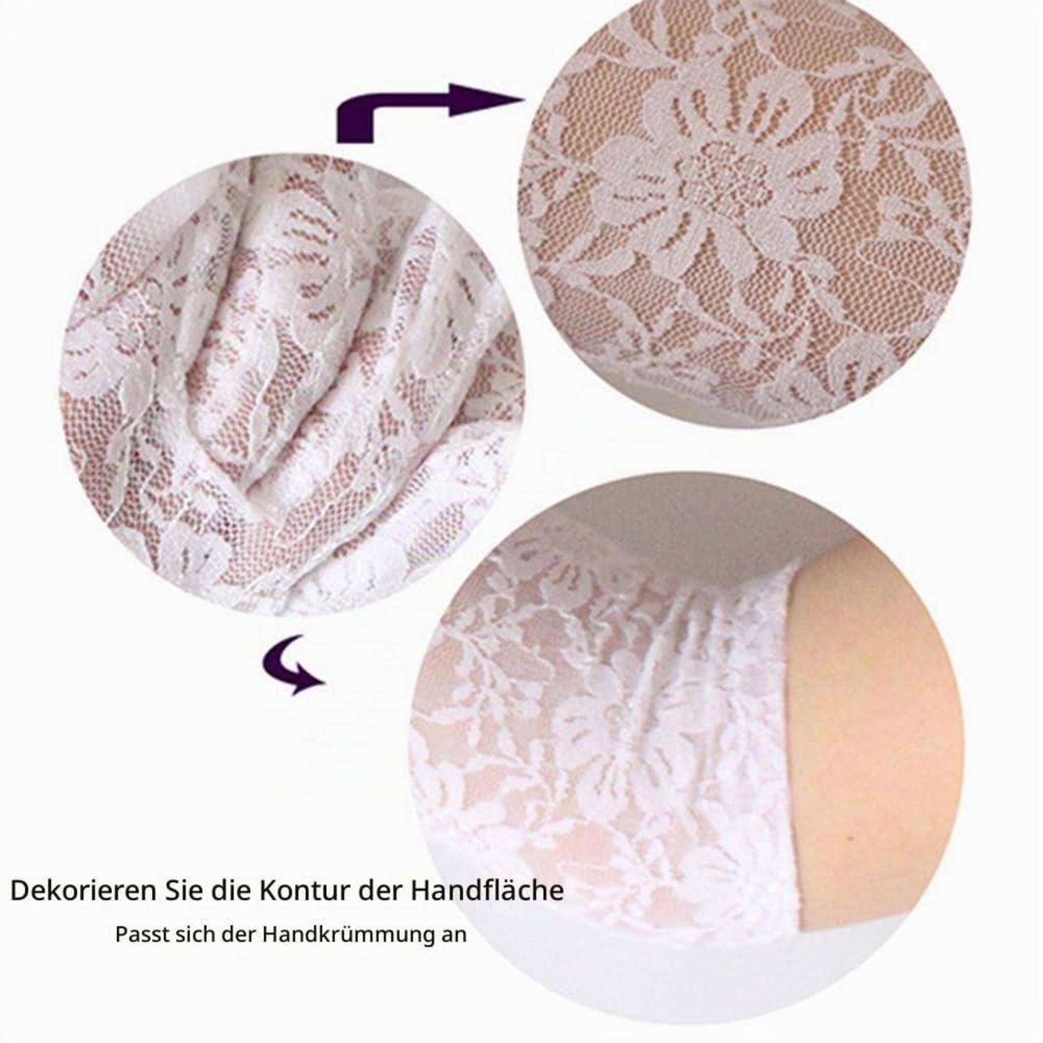 Collage mit einem weißen Spitzen-Handschuh, der der Kontur der Hand folgt, mit Nahaufnahmen der Spitzentextur und einem Handgelenk/Arm, der den Handschuh trägt.