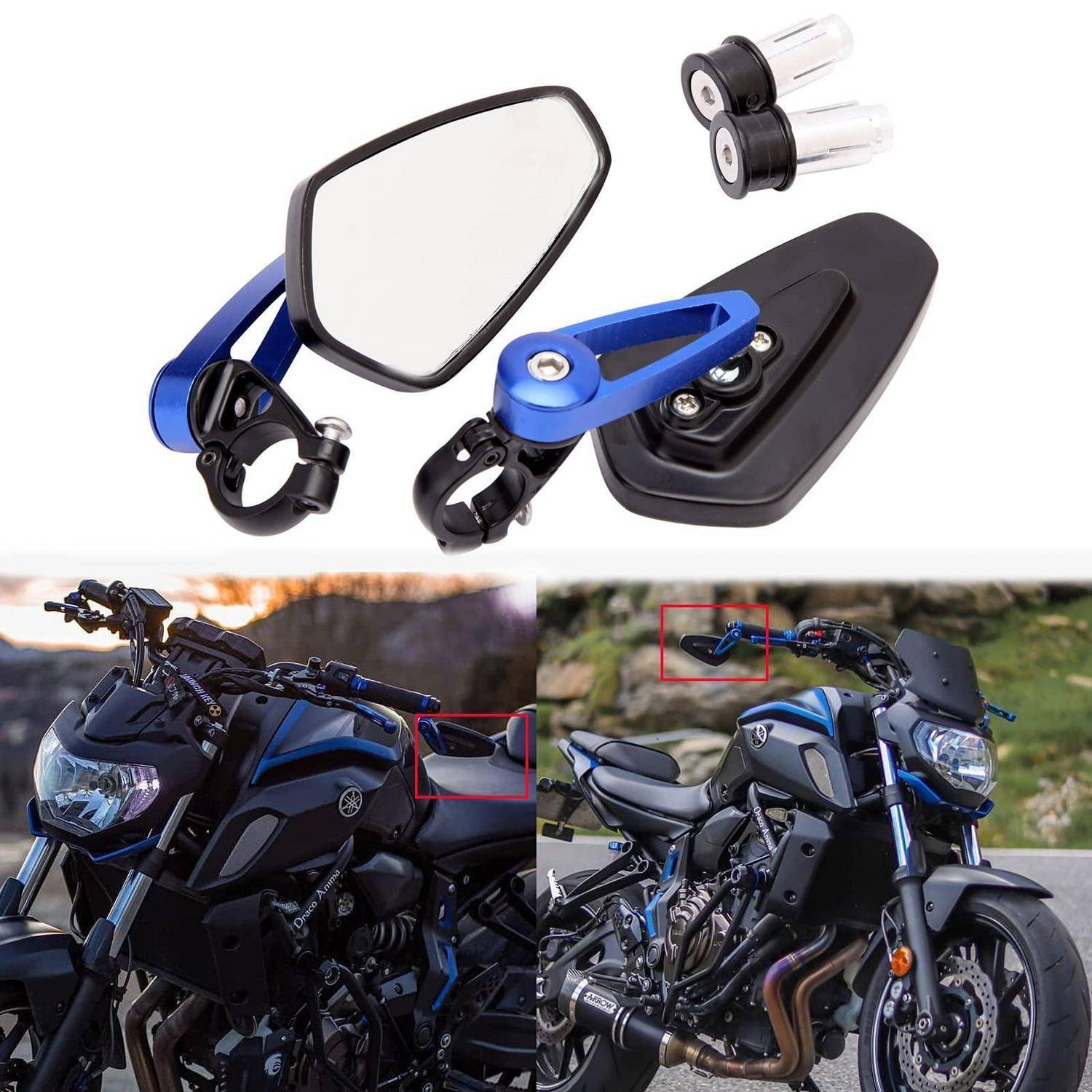 Motorradlenkerspiegelset mit Befestigungskit, dargestellt mit Nahaufnahmen von Einzelteilen und zwei Installationsbeispielen an einem Motorrad.