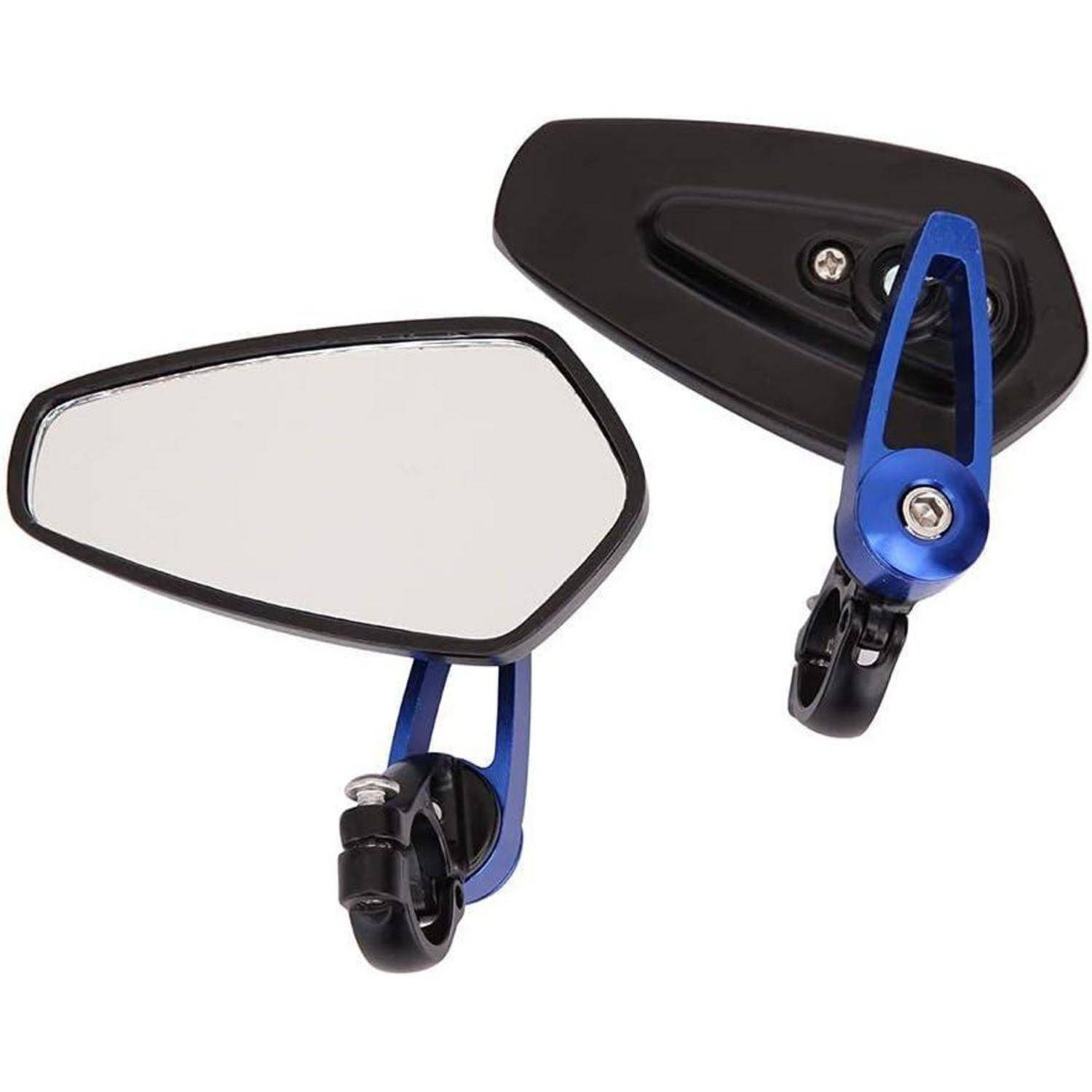 Paar Motorrad-Lenkerlenkspiegel, einer zeigt die reflektierende Vorderseite und einer die schwarze Rückseite mit blauen Befestigungsarmen.
