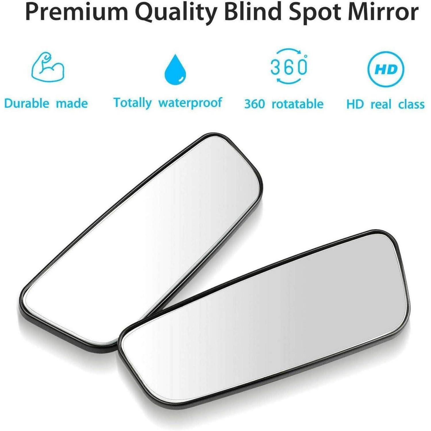 Hochwertiges Blind-Fleck-Spiegel-Produktbild mit zwei rechteckigen Spiegeln mit den Bezeichnungen langlebig, wasserdicht, 360° drehbar und HD echte Klasse.