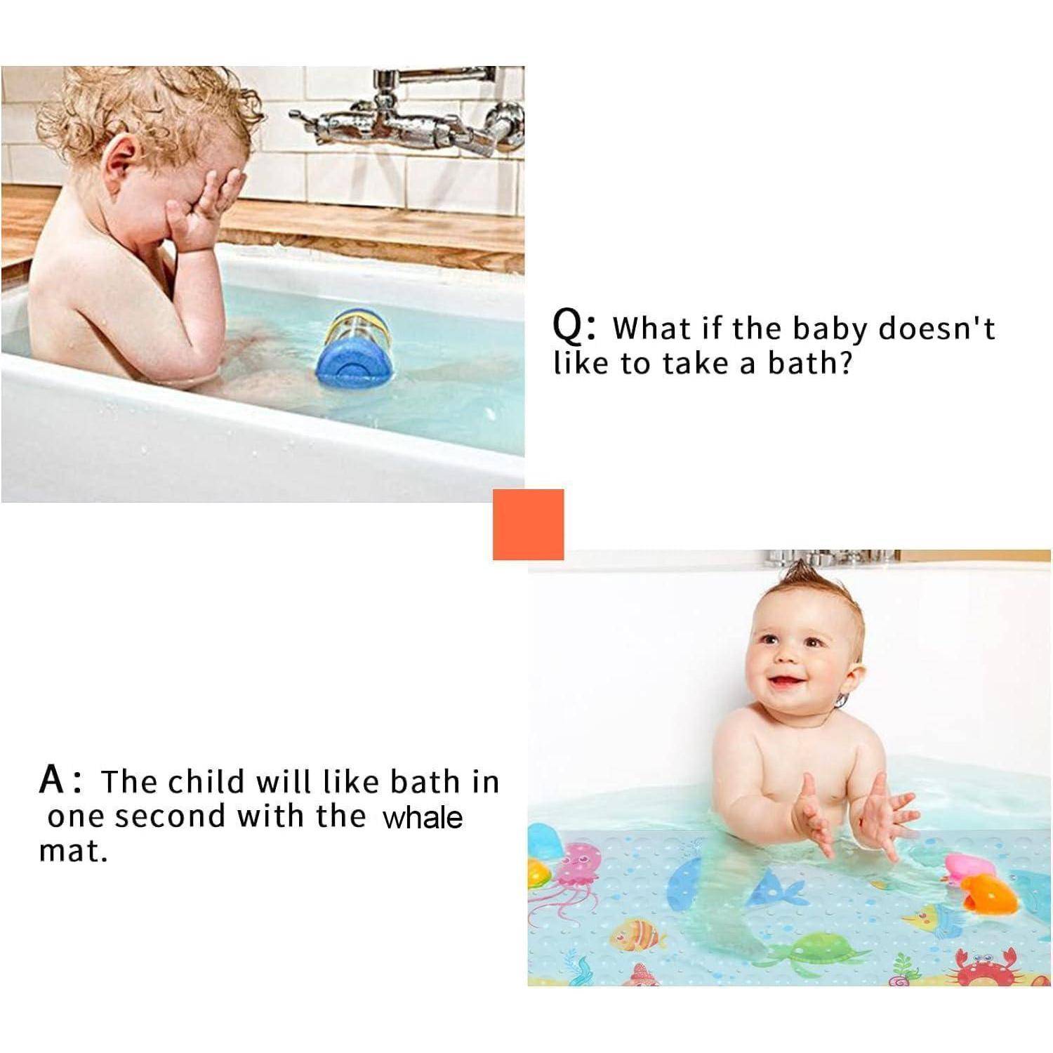 Vorher-und-Nachher-Badezimmerfoto: ein trauriges Baby bedeckt sein Gesicht in der Badewanne, dann sitzt ein lächelndes Baby auf einer bunten Wal-Badmatte; der Text fragt „Was ist, wenn das Baby nicht gerne badet?
