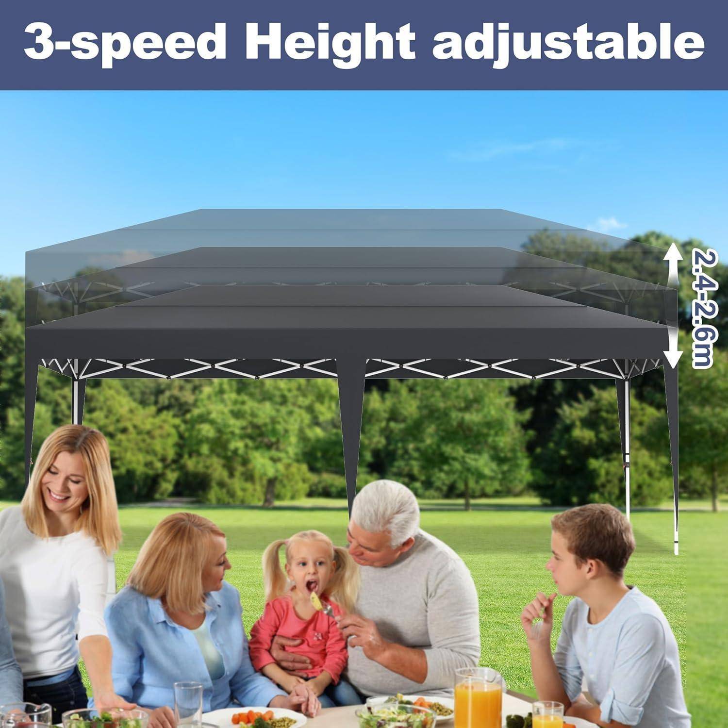3-Stufen höhenverstellbarer Gazebo-Baldachin, der im Freien gezeigt wird, mit einer Familie, die darunter sitzt; Höhe gekennzeichnet mit 2,4-2,6 m.