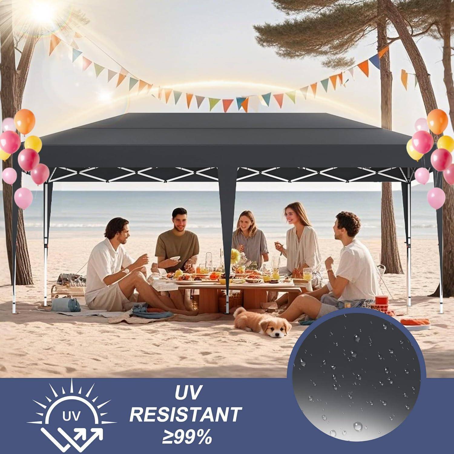 Strandpicknick unter einem schwarzen Baldachin mit Luftballons und Wimpelketten; Text am unteren Rand liest „UV-BESTÄNDIG ≥99%