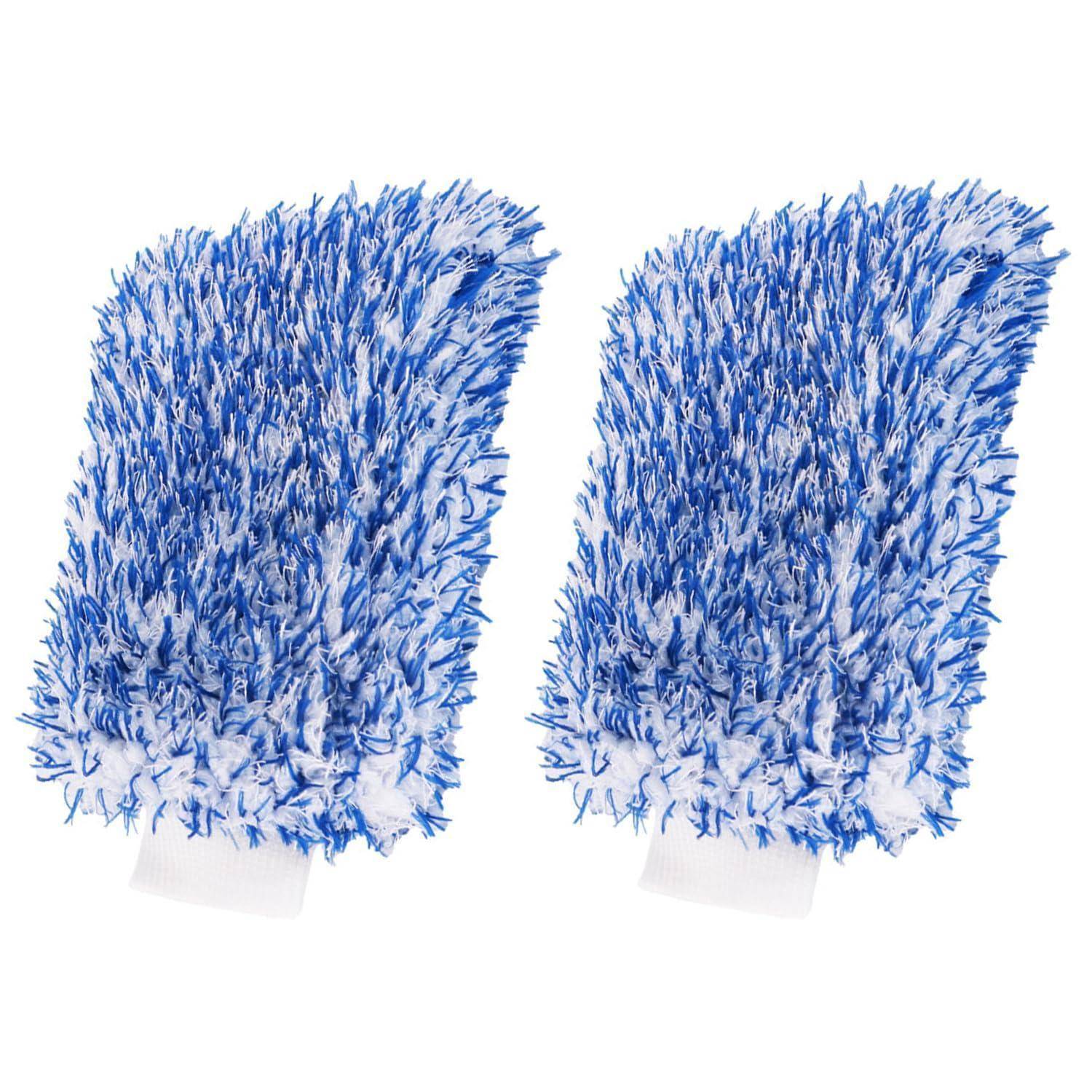 Paar blauer Mikrofaser-Autowäsche-Handschuhe mit weißen Manschetten auf weißem Hintergrund.