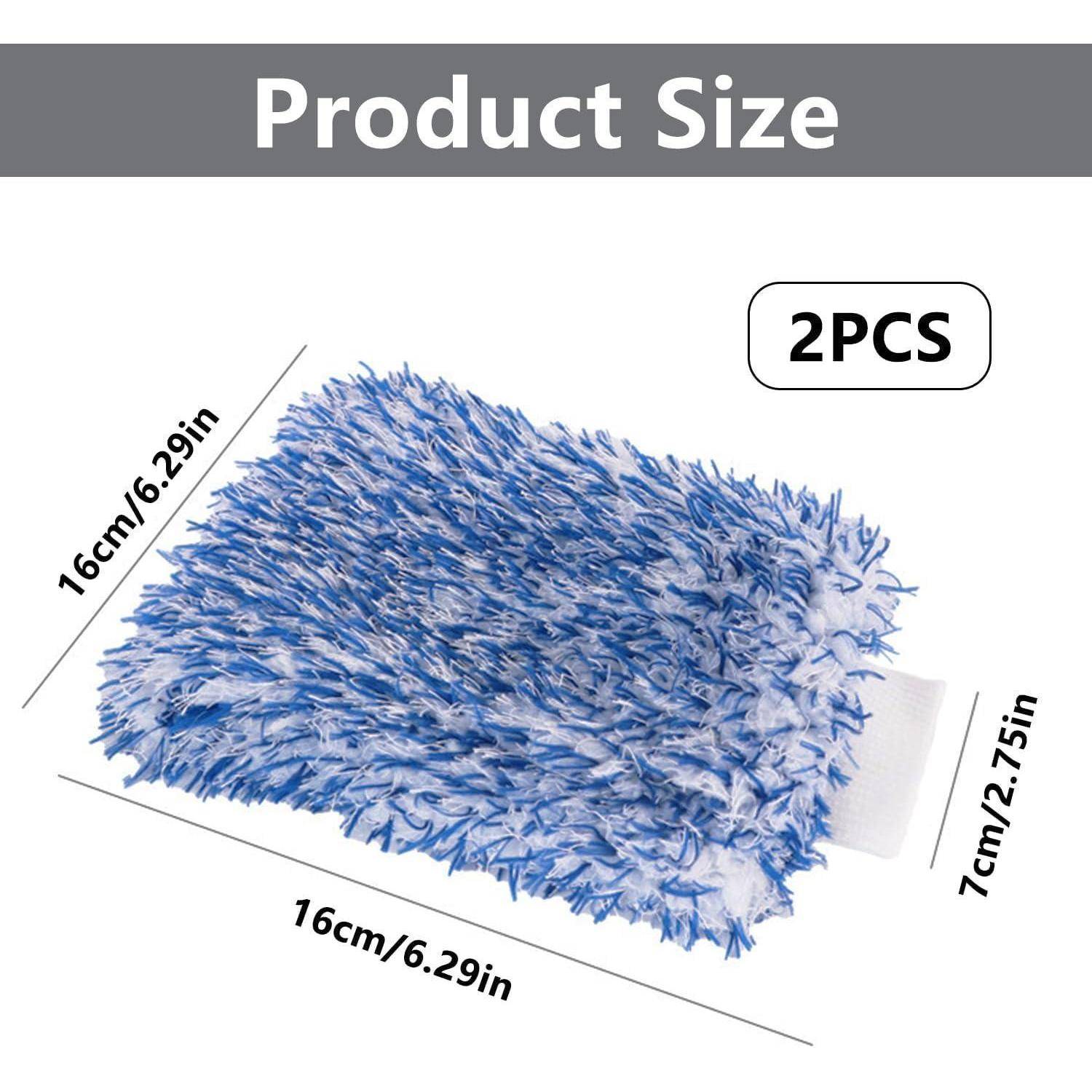 Produktgrößendiagramm mit zwei blauen zottigen Reinigungspads, jedes 16 cm mal 16 cm mit einer 7 cm Lasche; Etikett sagt „2er-Set