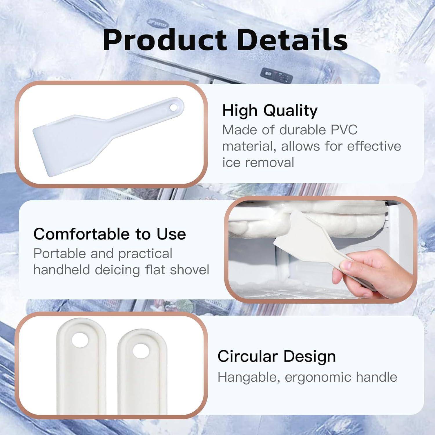 Produktdetails-Grafik für einen weißen tragbaren Eiskratzer: langlebiges PVC, bequemer ergonomischer Griff und kreisförmiges Aufhängeloch-Design.