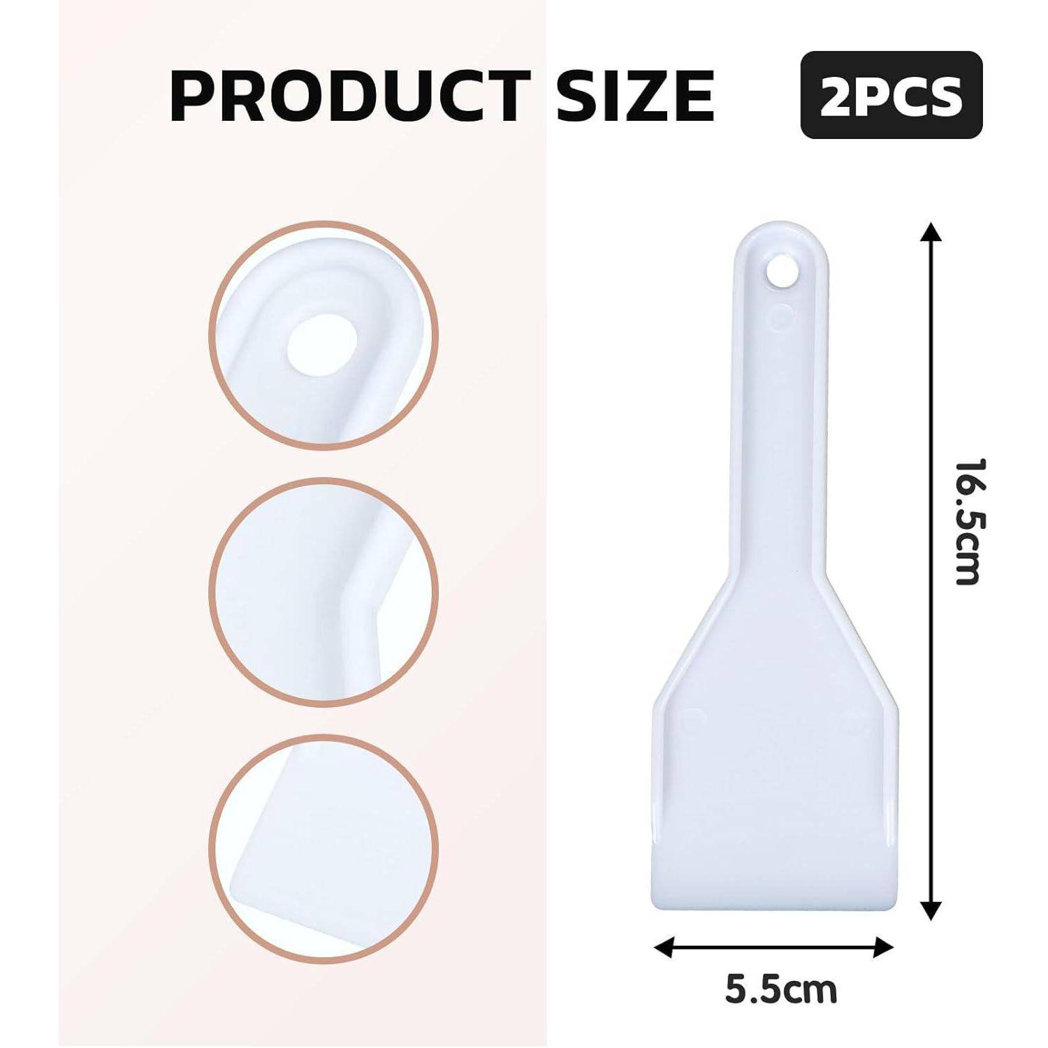 Größentabelle für Produkt 2 Stück: Weißes Schaberwerkzeug mit Lochgriff, 16,5 cm hoch und 5,5 cm breit, mit drei Detailvergrößerungskreisen.