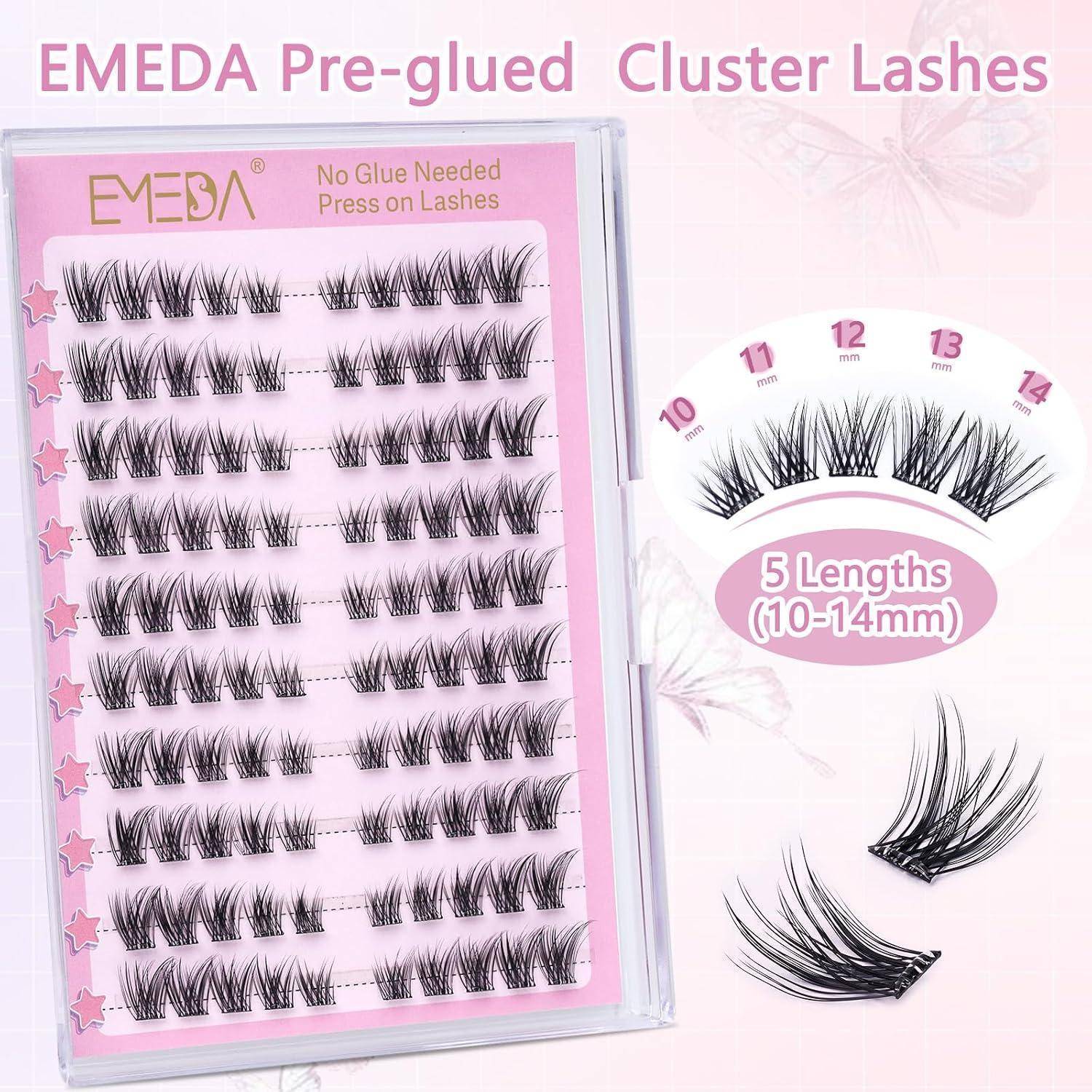 Rosa Verpackung für EMEDA vorverleimte Wimpernbüschel, die mehrere Wimpernbüschel und 5 Längen von 10-14 mm zeigt, ohne dass Leim erforderlich ist.