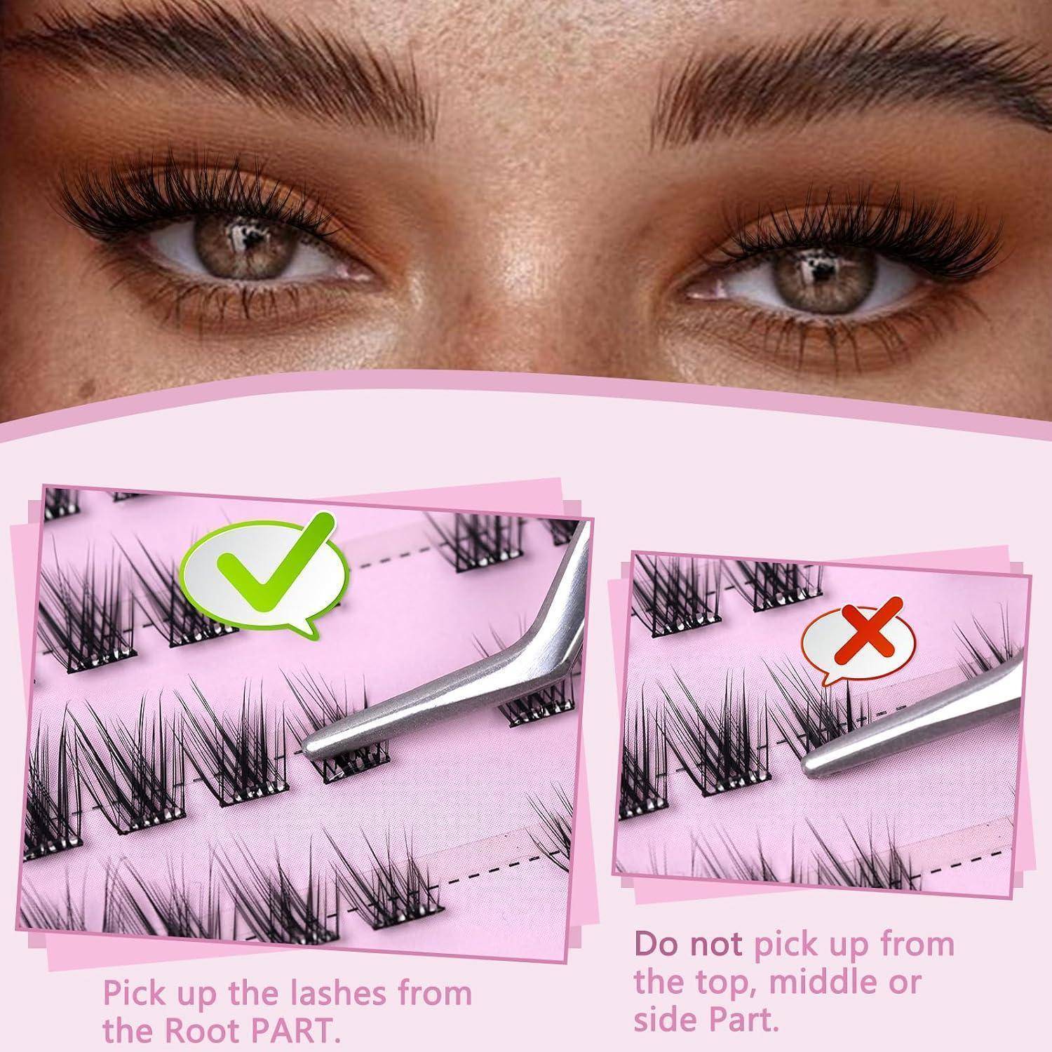 Nahaufnahme von Augen über einer Wimpernverlängerungs-Anleitung, die eine Pinzette zeigt, die Wimpern aus dem Wurzelbereich aufgreift, mit einem Häkchen und einem „nicht tun