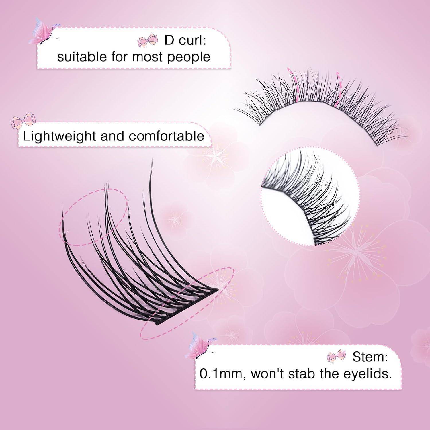 Rosa Infografik von künstlichen Wimpern mit Hervorhebung von D-Curl, leichtem Komfort und einem 0,1 mm Stiel, der die Augenlider nicht verletzt.