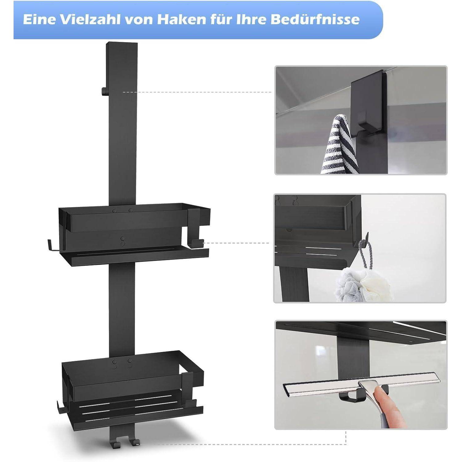 Produktbild eines schwarzen vertikalen Ständers mit mehreren Haken und Regalen zum Aufhängen von Handtüchern oder Accessoires, dargestellt mit Detailaufnahmen der Verwendung.