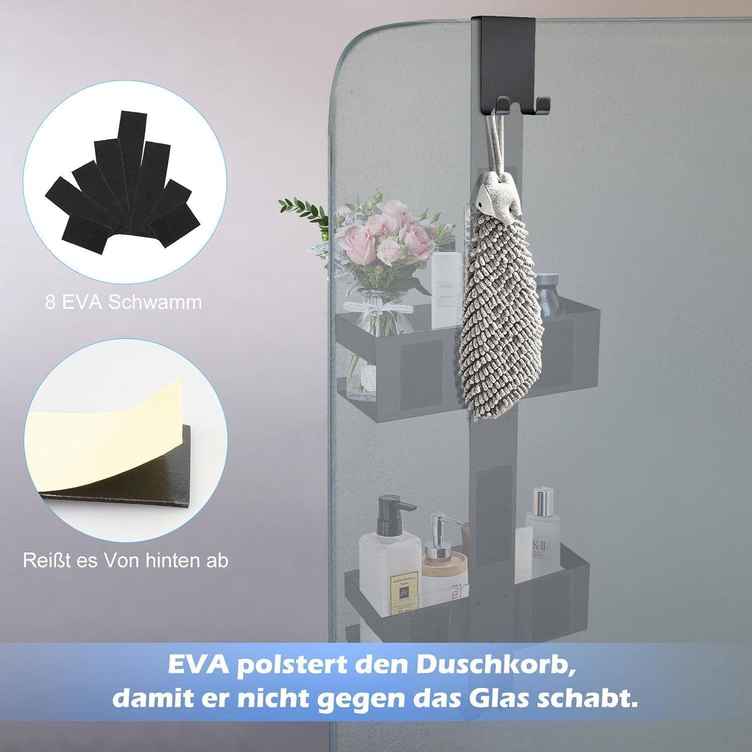 Duschablage mit EVA-Polsterung, die an einer Glastür hängt, mit deutschem Text, der besagt, dass die EVA-Polsterung Kratzer auf dem Glas verhindert.