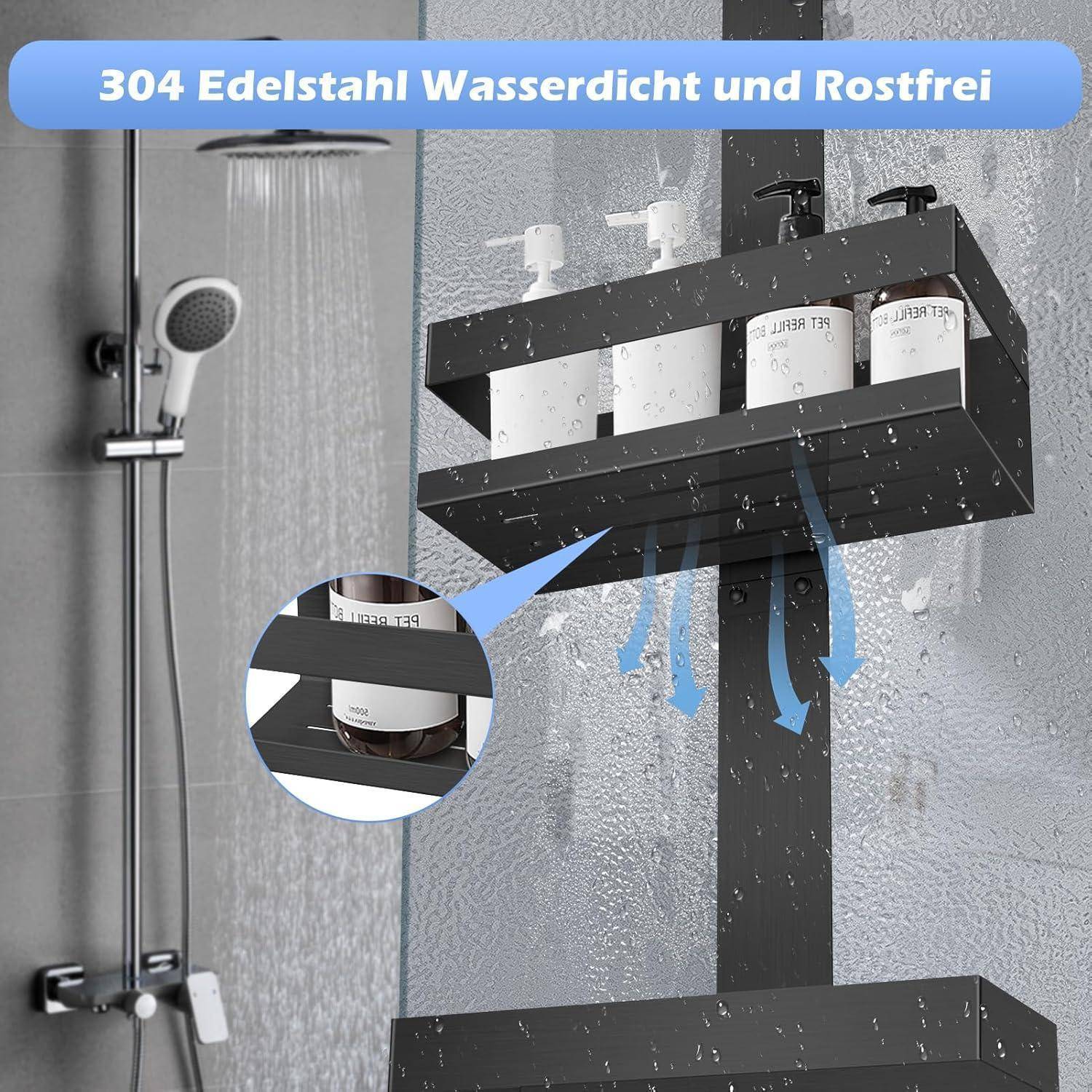 Edelstahlduschablage mit Flaschen und Ablöchern, dargestellt in einem nassen Badezimmer mit dem Text „304 Edelstahl Wasserdicht und Rostfrei