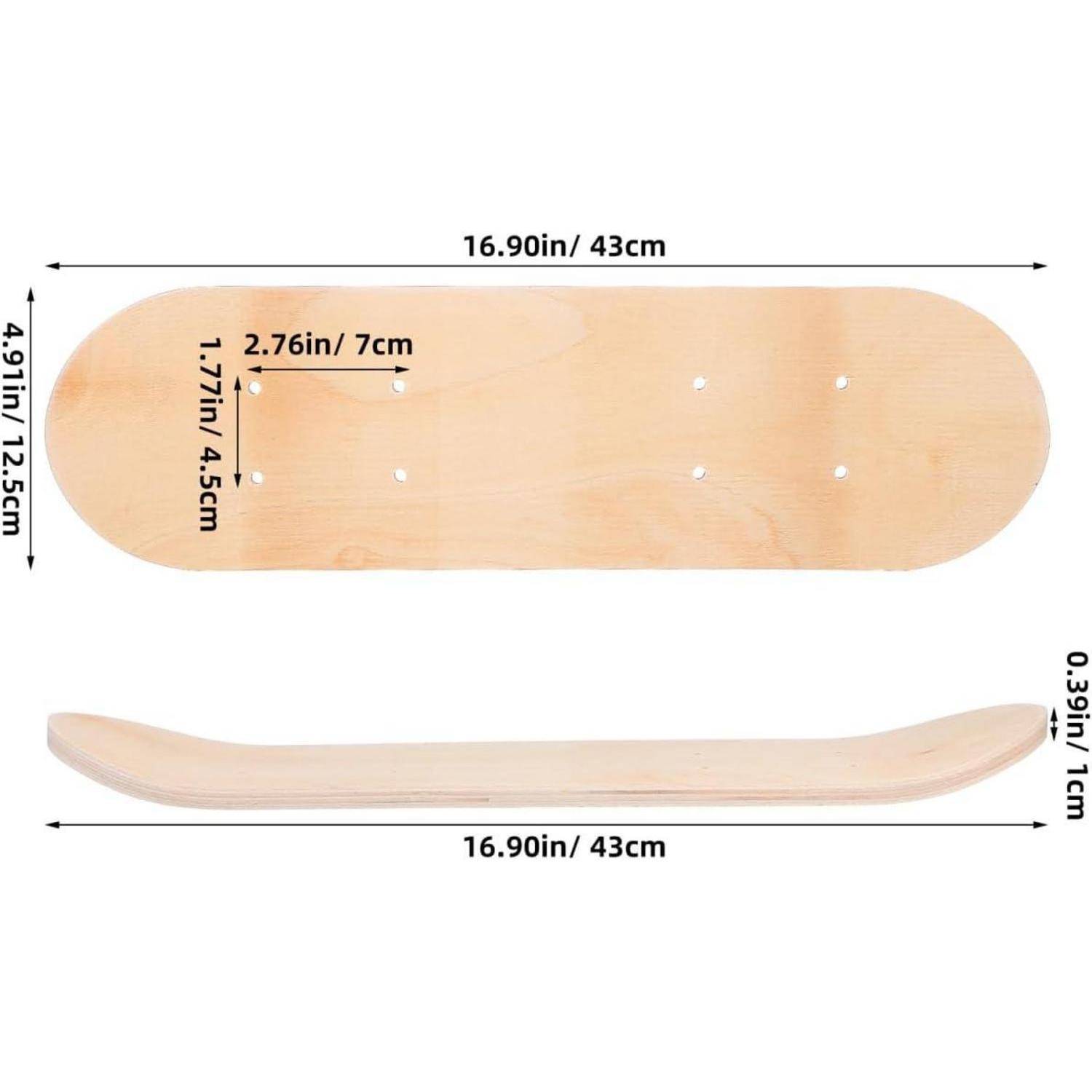 Holziger Skateboarddeck von oben und von der Seite gezeigt, beschriftet mit 16,9 x 4,9 Zoll, mit BefestigungslochAbstand und angegebener Dicke von 0,39 Zoll.