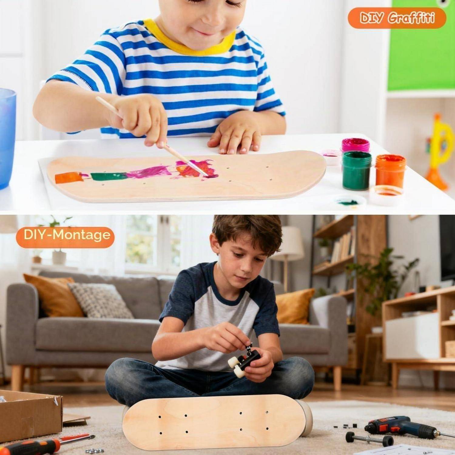 Zwei Jungen passen Skateboard-Decks an, wobei einer ein „DIY-Graffiti"-Design bemalt und ein anderer zu Hause ein „DIY-Montage""-Board zusammenbaut.
