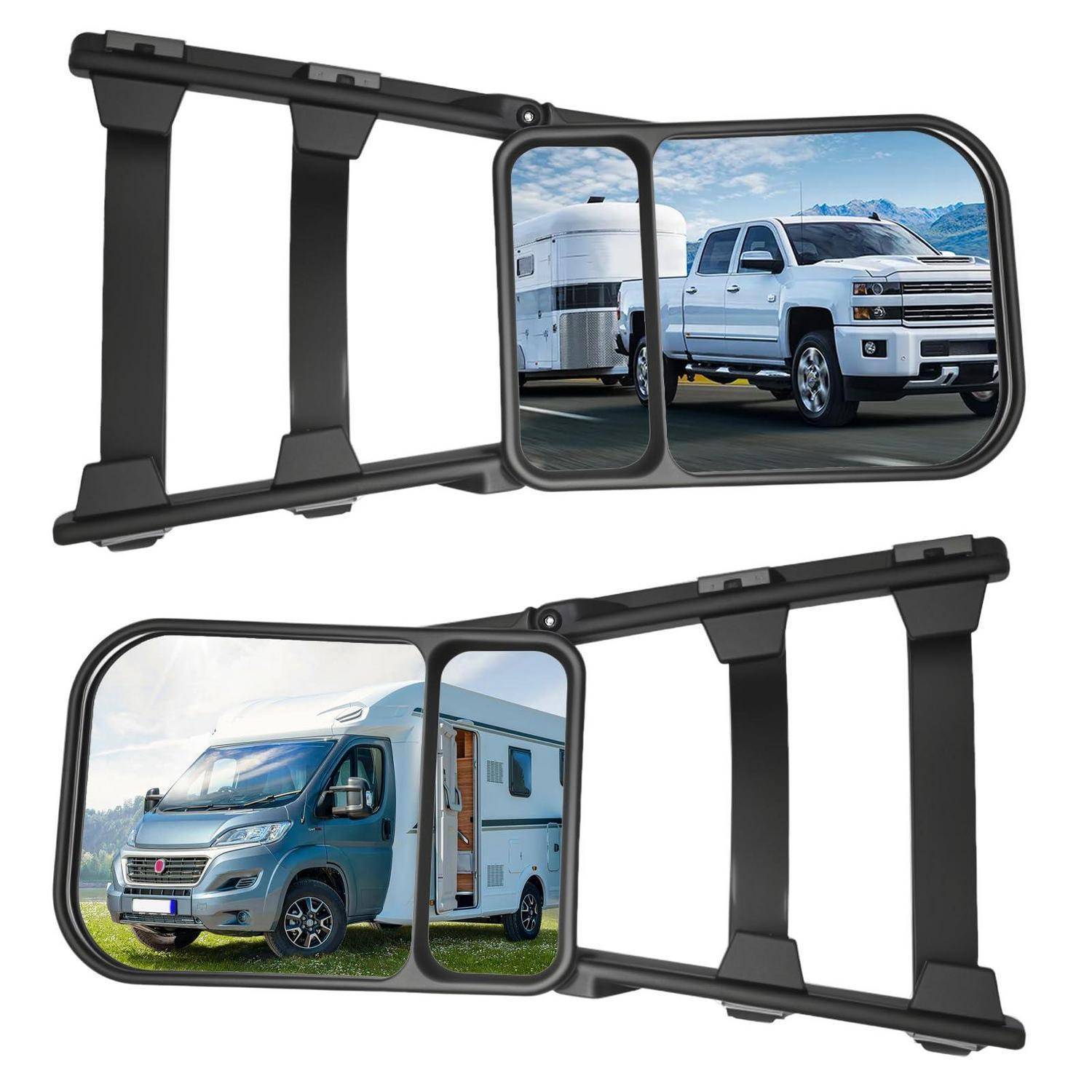 Zwei Zugspiegelvergrößerungen mit doppelten Spiegelflächen, die verbesserte Heck- und Seitensichtbarkeit für einen Lastwagen und ein Wohnmobil beim Abschleppen bieten.
