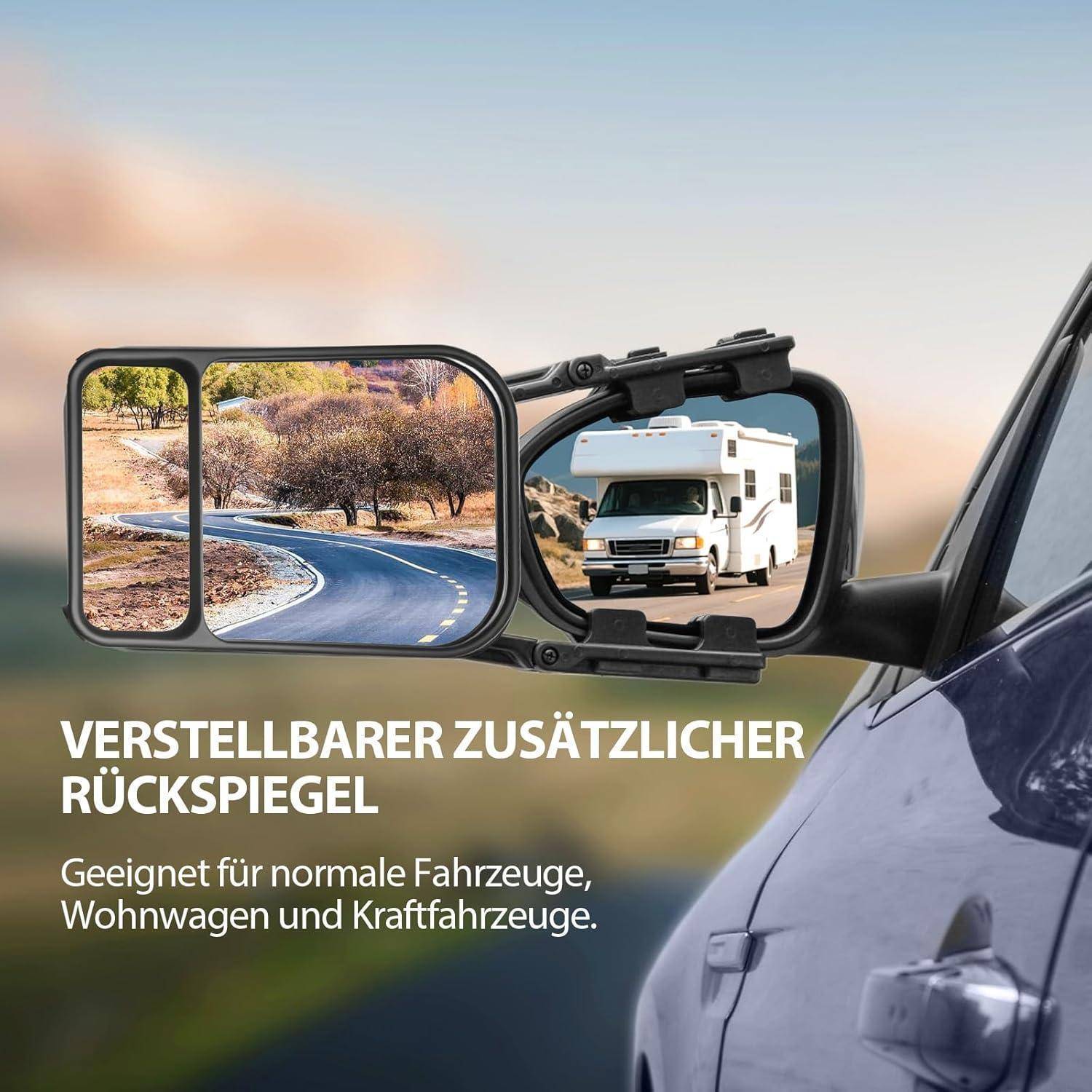Produktanzeige für einen verstellbaren zusätzlichen Außenspiegel am Auto, mit eingefügten Ansichten einer Straße und eines Wohnwagens; deutscher Text besagt, dass er zu Autos, Caravans und Wohnmobilen passt.