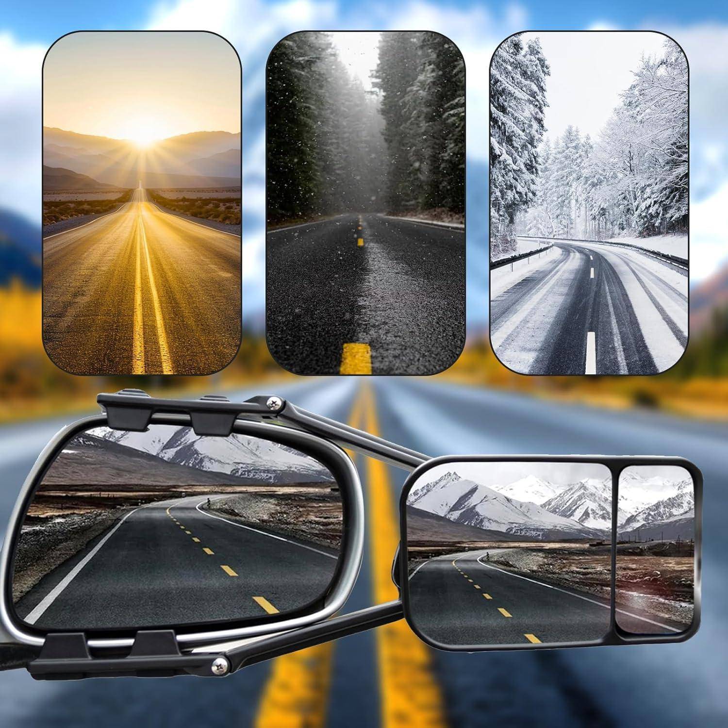 Collage einer gewundenen Bergstraße bei verschiedenen Wetterbedingungen und Lichtverhältnissen, einschließlich Sonnenaufgang, Regen, Schnee und Reflexionen in Rückspiegeln aus der Straßenperspektive, die die Strecke voraus zeigen.