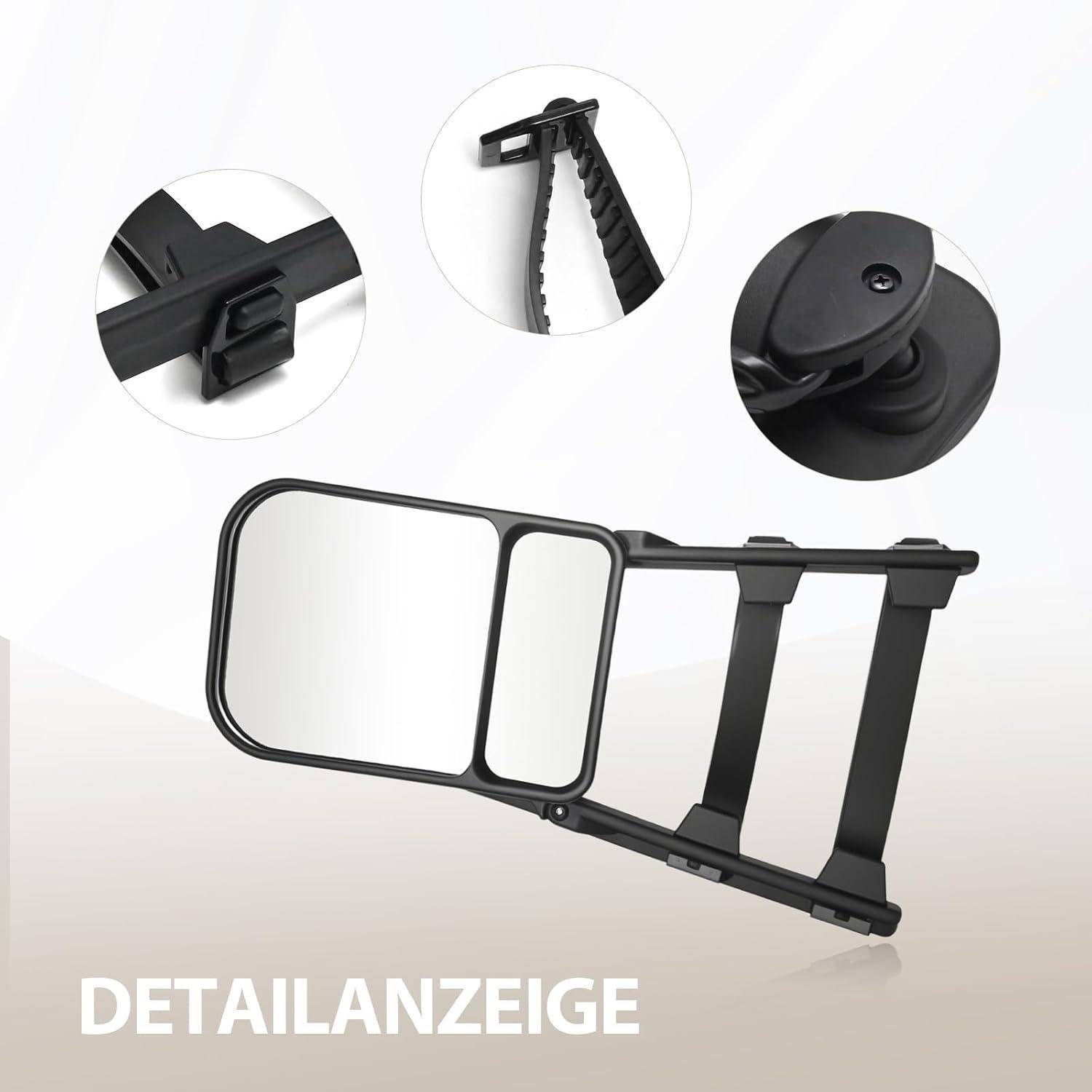 Schwarzer verstellbarer Kopfstützenstabilisator für Autos mit Seitentasche und Riemen, in detailliert mit Nahaufnahmen von Clips und Befestigungspunkten dargestellt; Text lautet „DETAILANZEIGE