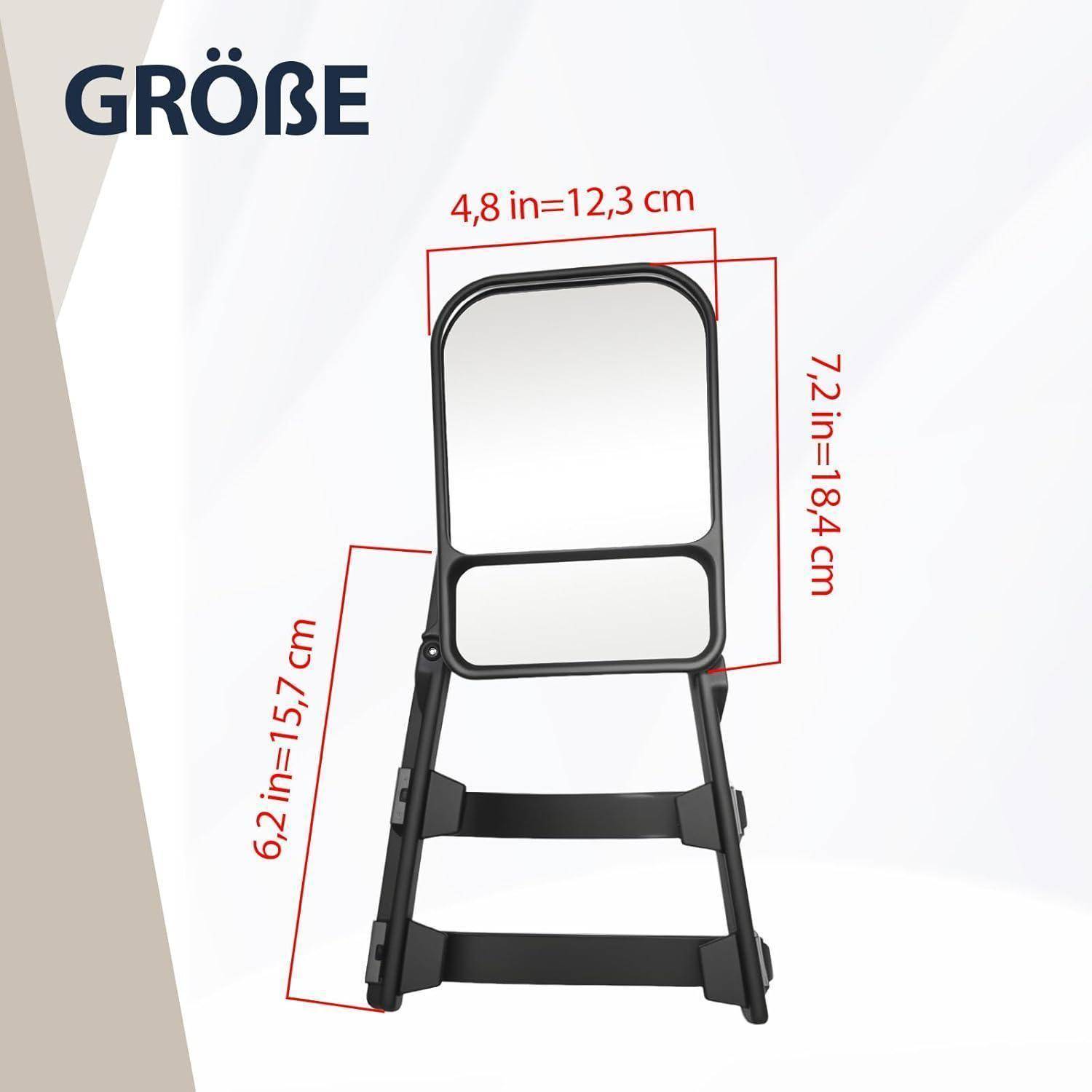 Größendiagramm eines Klapstuhls mit Abmessungen von 4,8 Zoll (12,3 cm) Breite, 7,2 Zoll (18,4 cm) Höhe und 6,2 Zoll (15,7 cm) Tiefe.