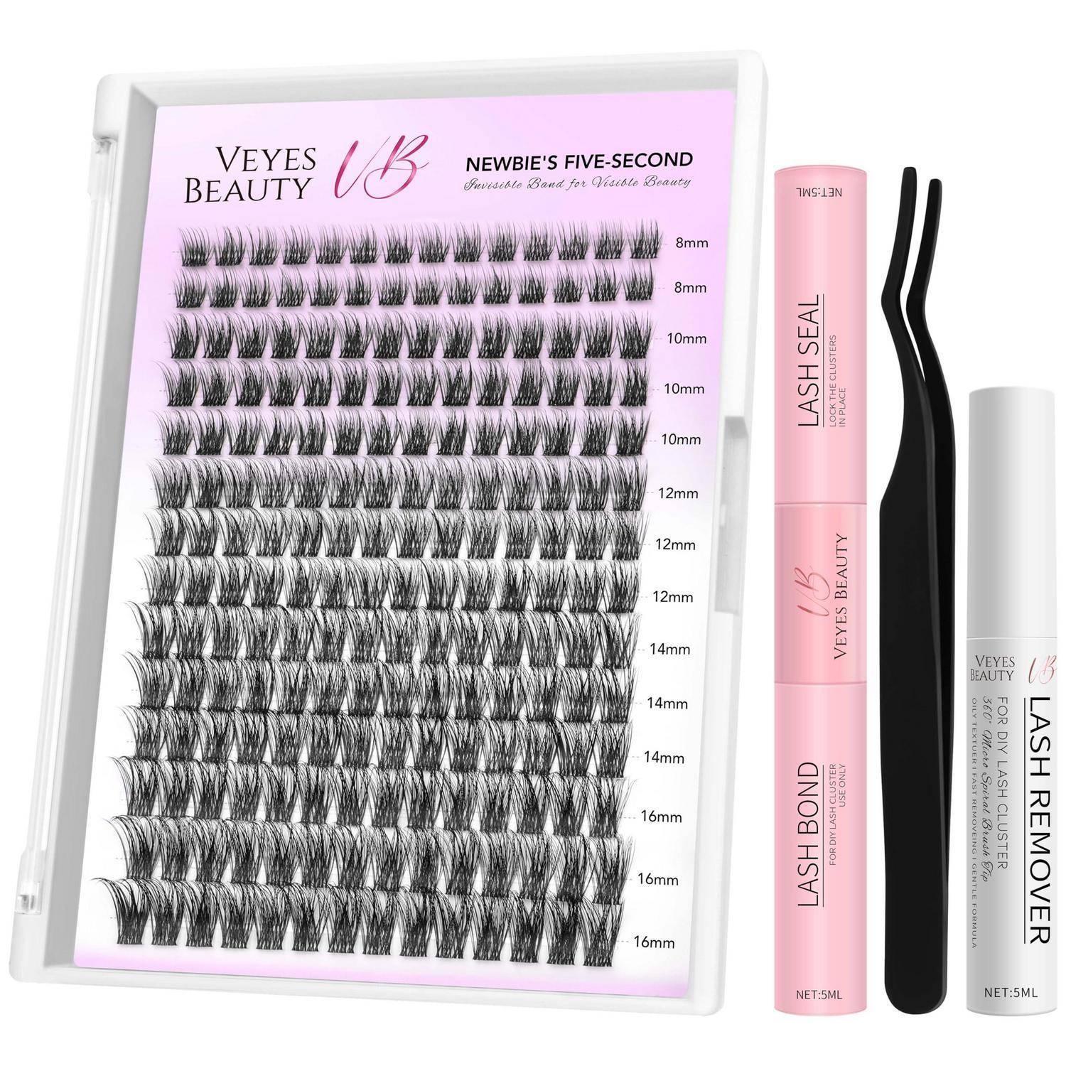 Veyes Beauty Wimpernverlängerungs-Set mit gemischten Wimpernlängen, Lash Seal und Lash Bond Tuben, Pinzette und Wimpernentferner-Flasche.