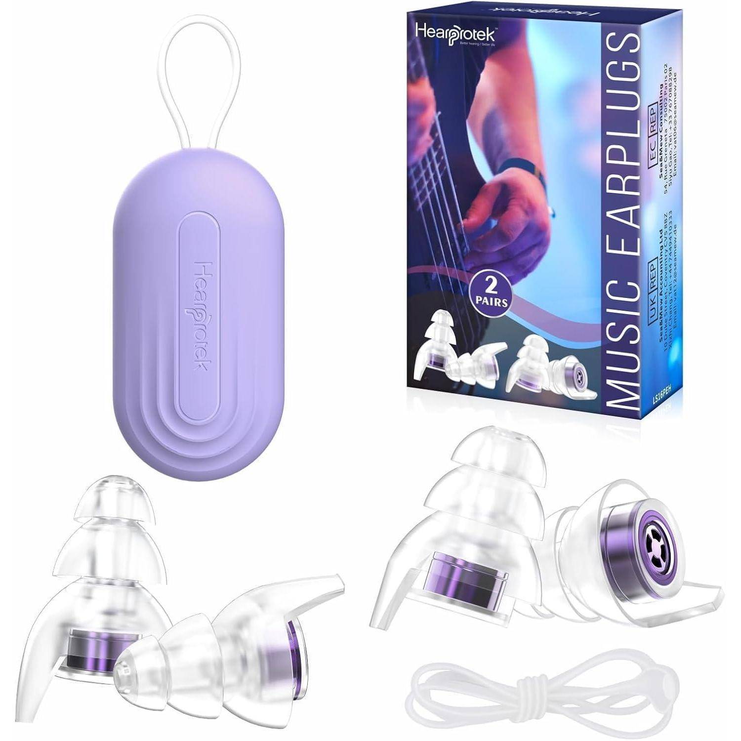 Produktbild von Hearpotek wiederverwendbaren Musikohrstöpseln mit Tragetasche, zwei transparenten Ohrstöpselpaaren und weißem Umhängeband, dargestellt mit Einzelhandelverpackung.