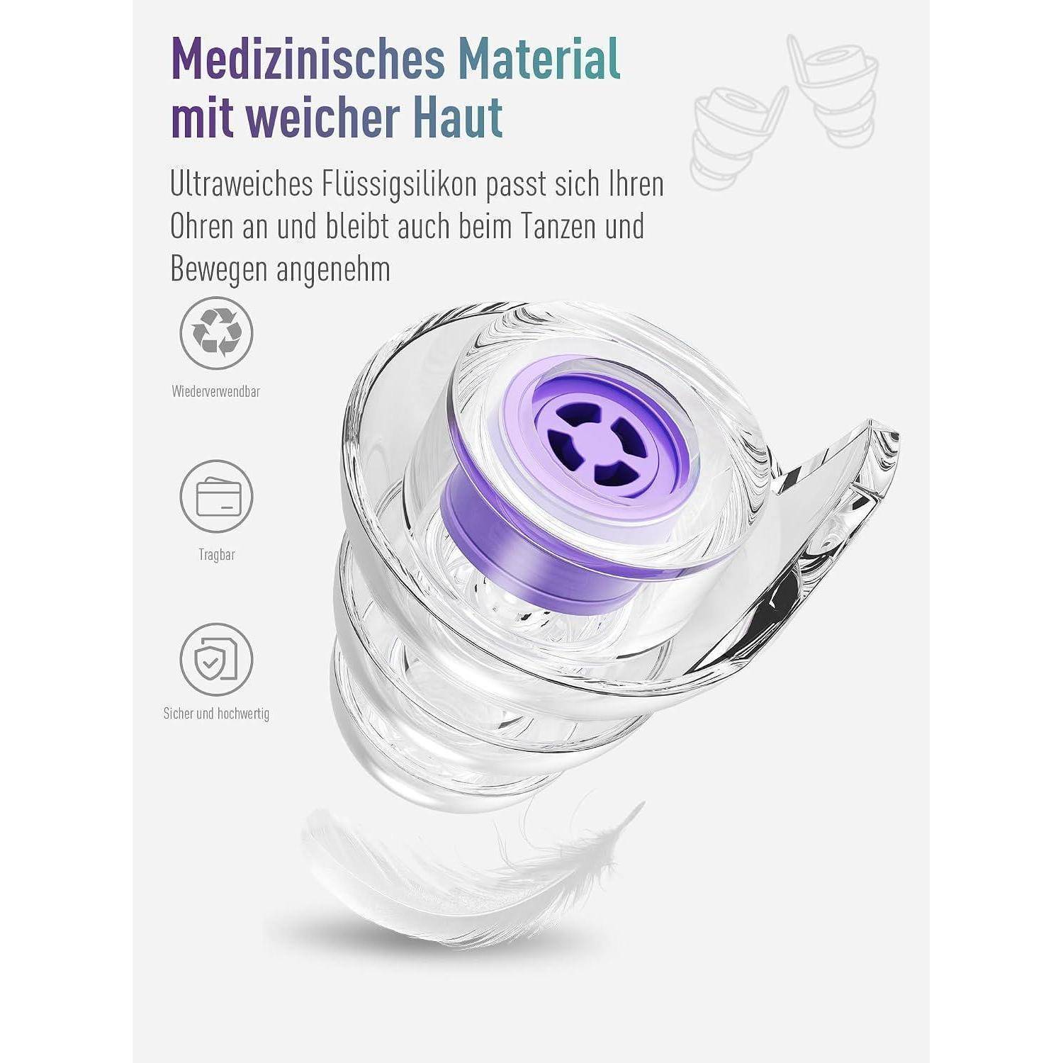 Werbebild eines durchsichtigen Ohrstöpsels mit violettem Zentrum, beschriftet mit 