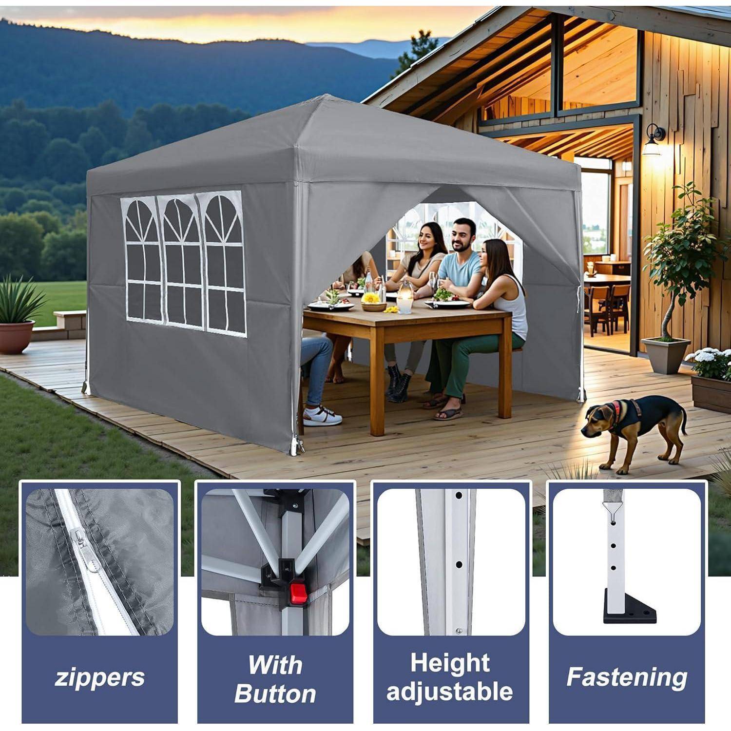 Graunis Outdoor-Markisenzelt, das einen Patio-Esstisch umschließt, mit Reißverschlussfenstern und verstellbaren Befestigungen in nahaufnahmen gezeigten Detailpanels darunter.