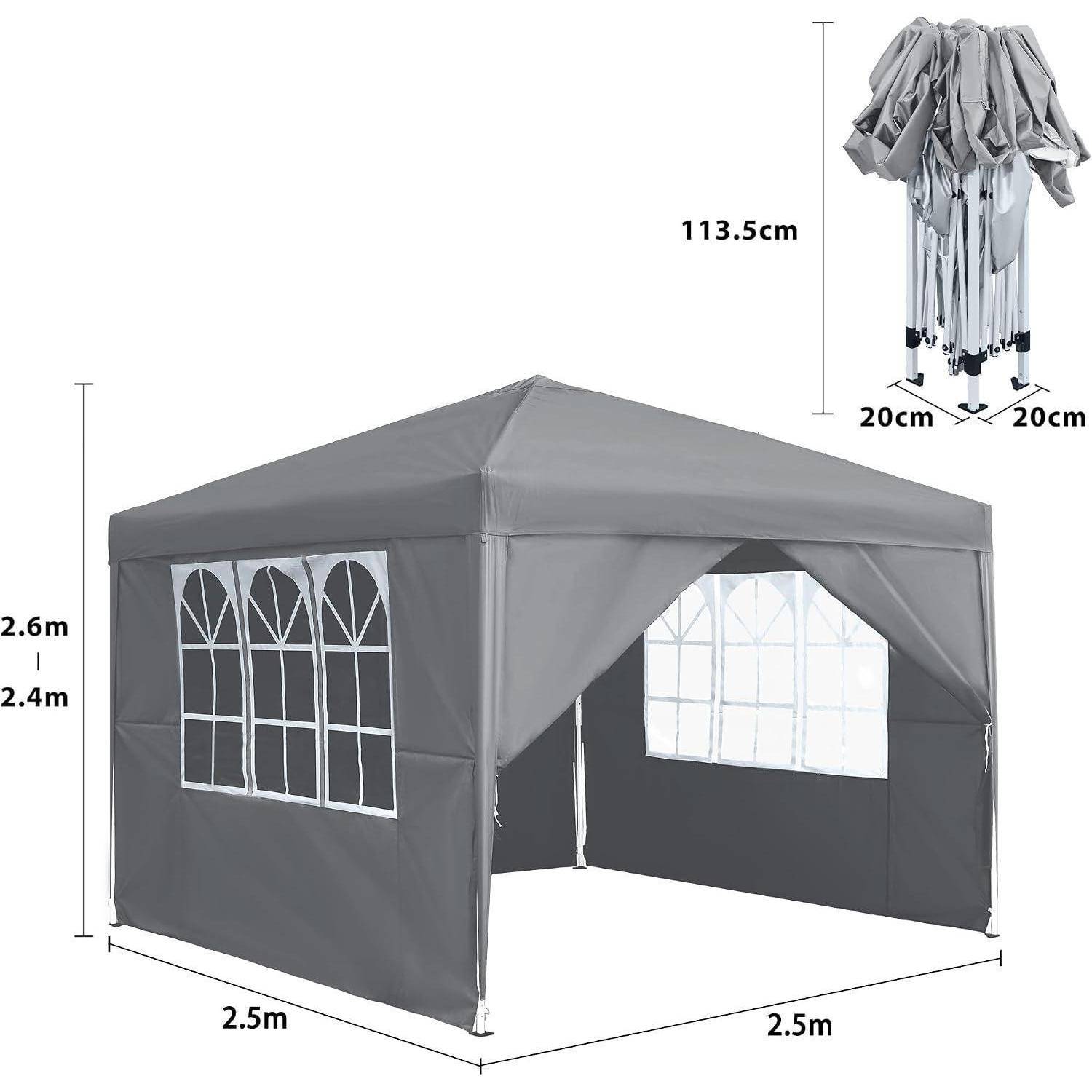 Graues Pop-up-Baldachindach mit Fenstern, Abmessungen 2,5 m × 2,5 m und etwa 2,4–2,6 m hoch, plus eingefügte Größe im zusammengeklappten Zustand von 113,5 cm Höhe und 20 cm Breite/Tiefe.