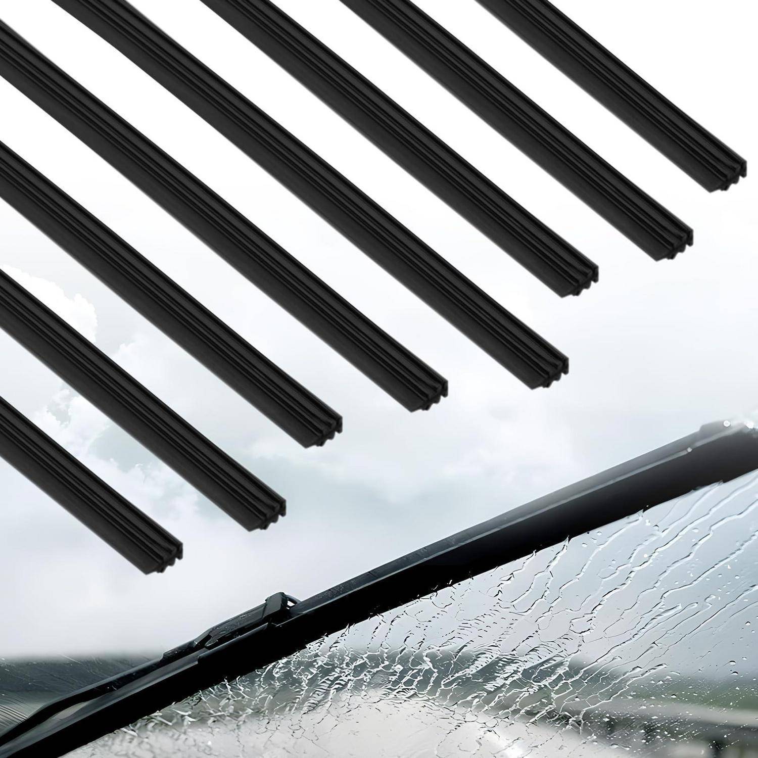 Regensensor-Scheibenwischerblatt mit schwarzen Ersatzgummileisten, dargestellt über einer nassen Autoscheibe.