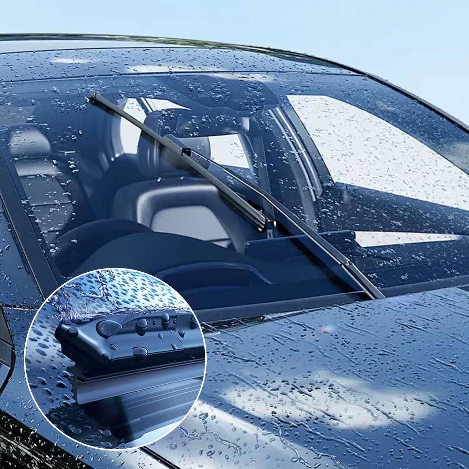 Nahaufnahme einer Windschutzscheibe eines Autos mit einem Wischerblatt, das Regenwasser abwischt, mit einer Insetdarstellung, die das Detail der Wischerbefestigung zeigt.