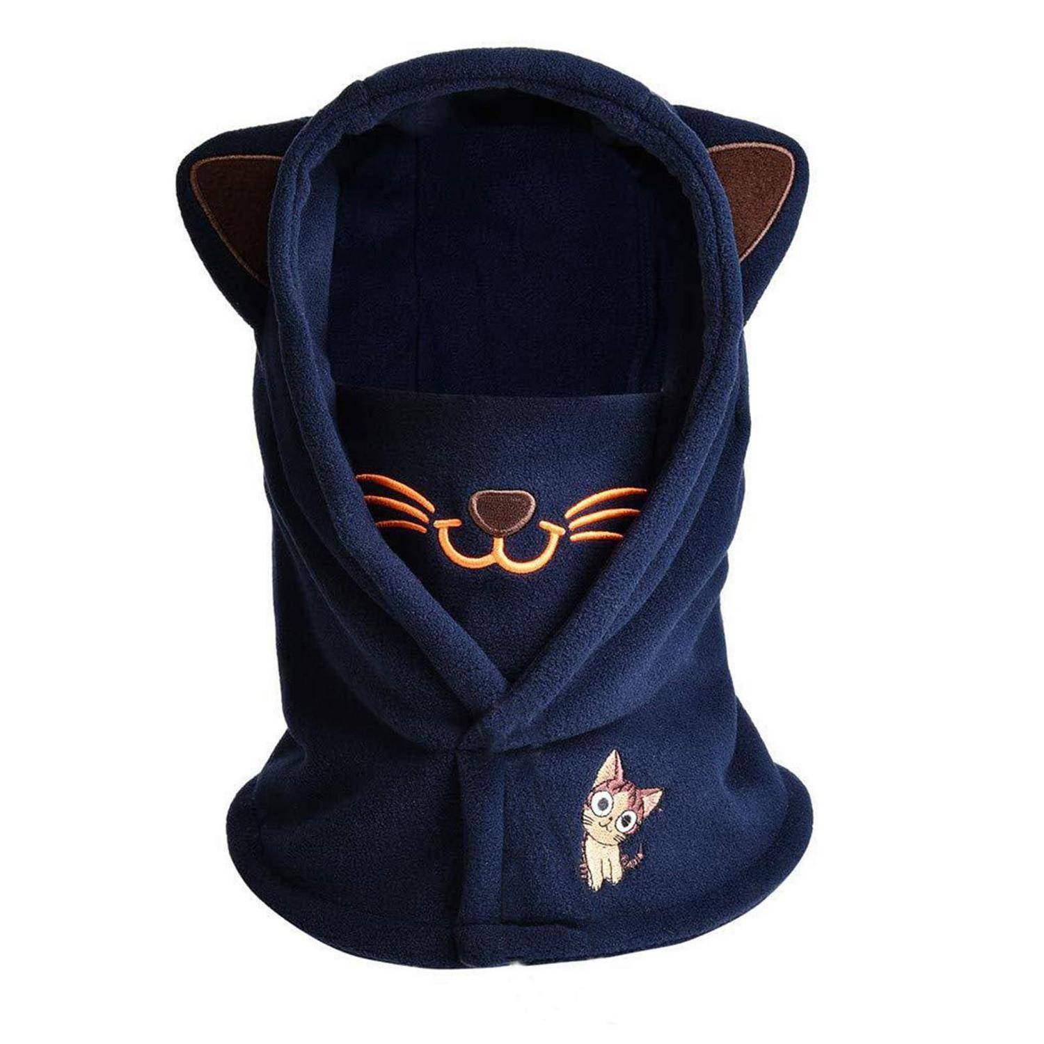 Marineblauer Kapuzen-Schal mit Katzenohren, bestickte Schnurrhaare an der Gesichtsöffnung und ein kleines Katzen-Patch in der Nähe des unteren Endes.
