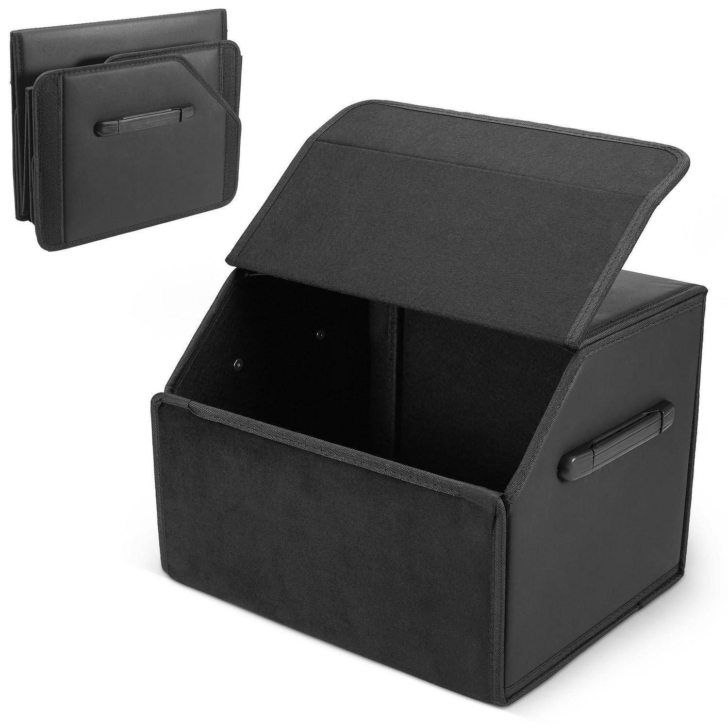 Schwarze Stoffaufbewahrungsbox mit Deckel und Seitengriffen, vorne offen und geschlossen in der Vergrößerung gezeigt, auf weißem Hintergrund.