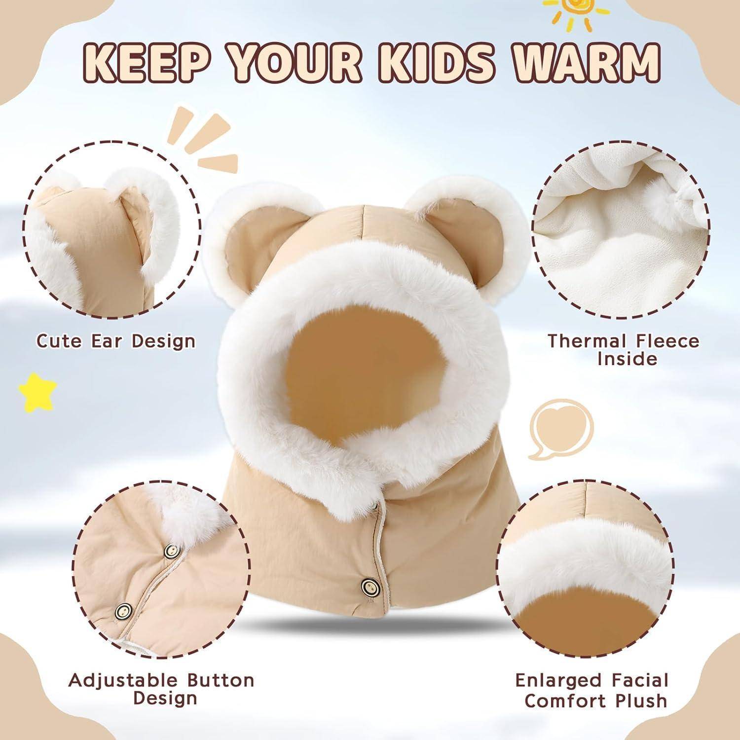 Kinder-Beige-Wintermütze mit Bärenohren und flauschiger Fleece-Fütterung, mit der Aufschrift „HALTEN SIE IHRE KINDER WARM
