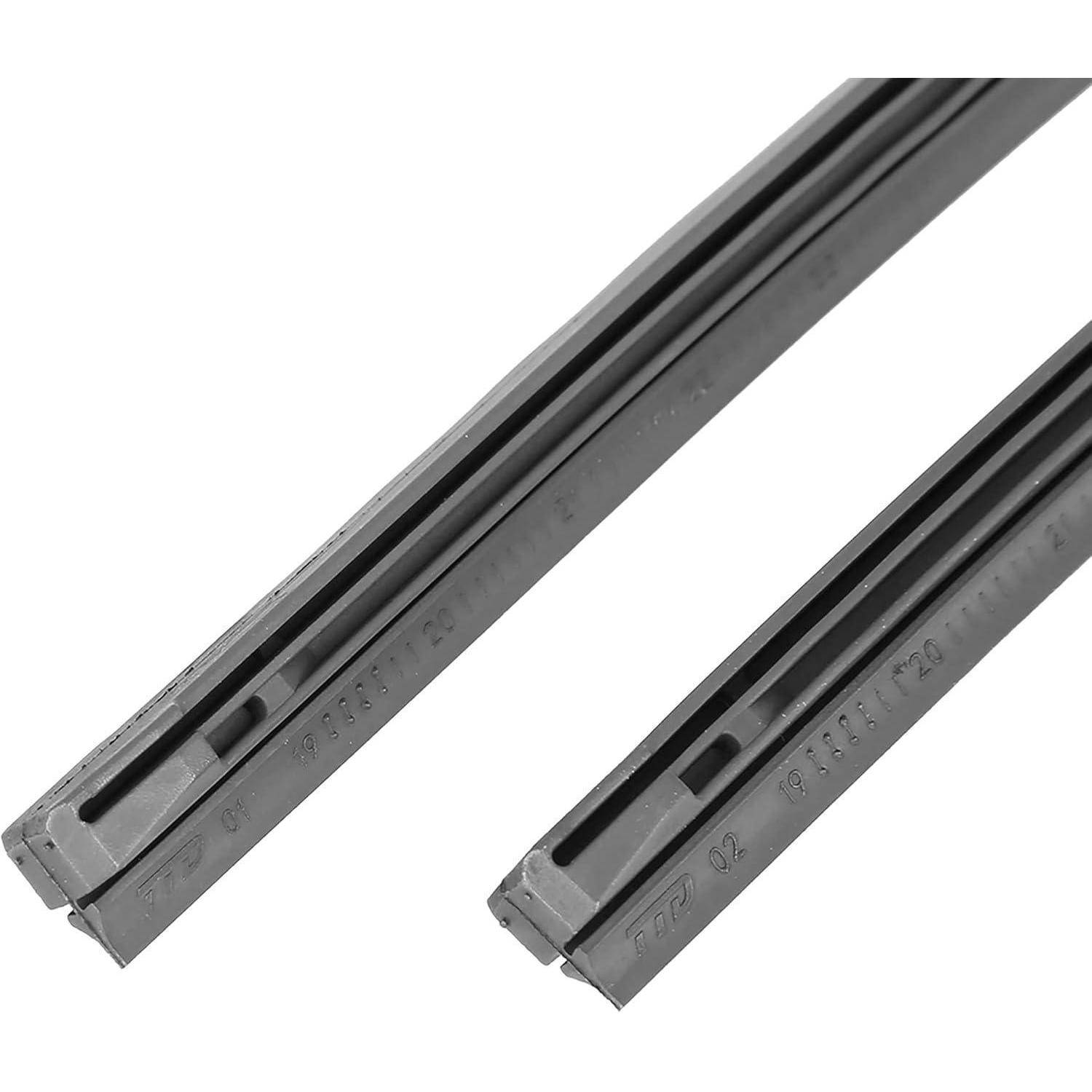 Zwei schwarze Metall-Scheibenwischerblätter, diagonal auf weißem Hintergrund angeordnet.
