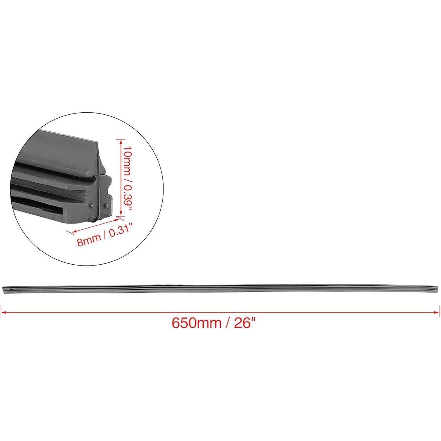 Schwarzer flexibler Streifen oder Zierleiste, dargestellt mit eingefügter Nahaufnahme der Endbemaßung, Länge 650 mm, Höhe 10 mm und Breite 8 mm.